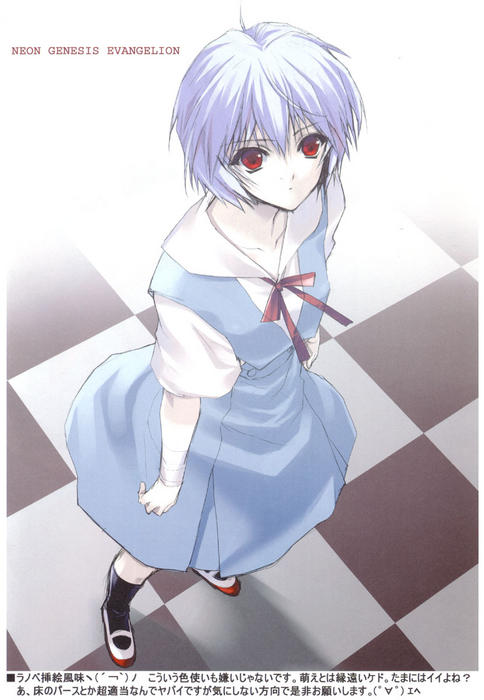 suzuhira hiro, ayanami rei, neon genesis evangelion, bandaged arm, bandages, black socks, blue hair, checkered floor, hair between eyes, pale skin, red eyes, school uniform, serafuku, shoes, short hair, socks, solo, white shoes
