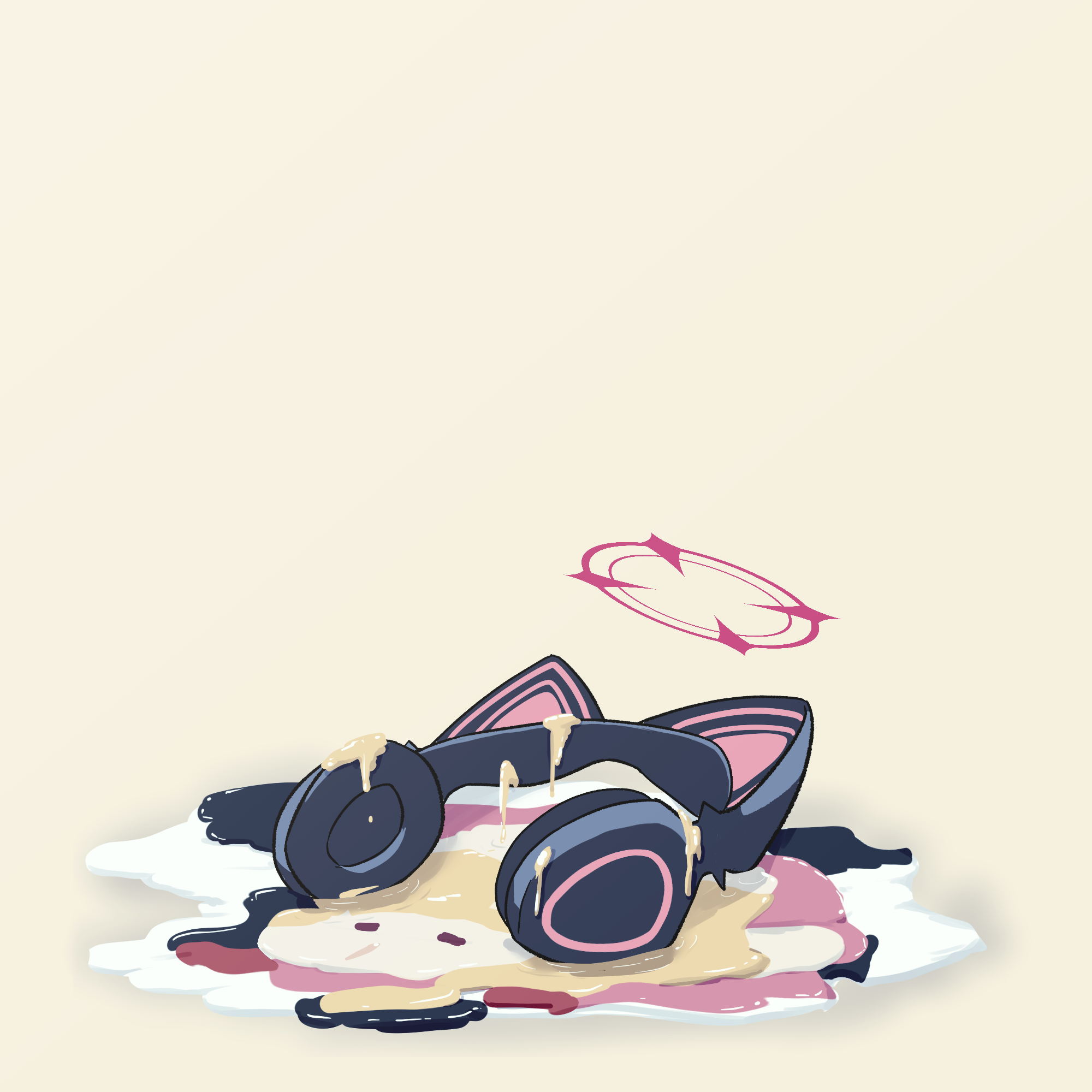 kyousuke (orcein), momoi (blue archive), blue archive, highres, 1girl, animal ear headphones, animal ears, blonde hair, cat ear headphones, fake animal ears, halo, headphones, liquid, puddle, red halo, simple background, solo, yellow background