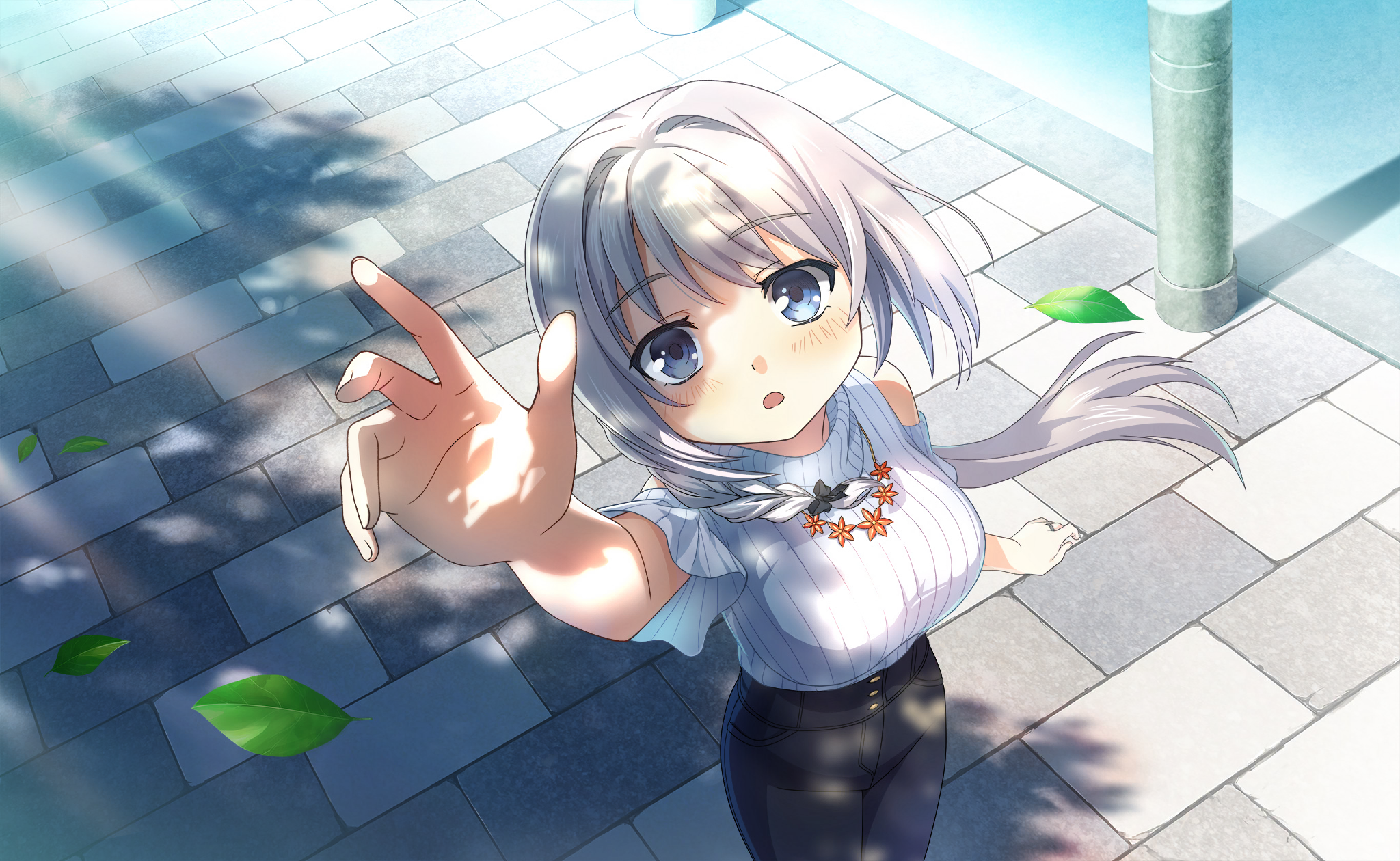 yakumo mitama, magia record: mahou shoujo madoka magica gaiden, mahou shoujo madoka magica, mahou shoujo madoka magica magia exedra, artist request, highres, official art, 1girl, bare shoulders, black pants, breasts, buttons, clothing cutout, cowboy shot, dot nose, fingernails, floating hair, flower, flower necklace, grey eyes, grey hair, hair intakes, high-waist pants, jewelry, lamppost, large breasts, leaf, light blush, light rays, long hair, looking at viewer, low ponytail, necklace, open mouth, palms, pants, pleated sleeves, ponytail, reaching, ring, shade, short sleeves, shoulder cutout, sidewalk, solo, standing, sunlight, surprised, sweater, turtleneck, turtleneck sweater, white sweater, wind