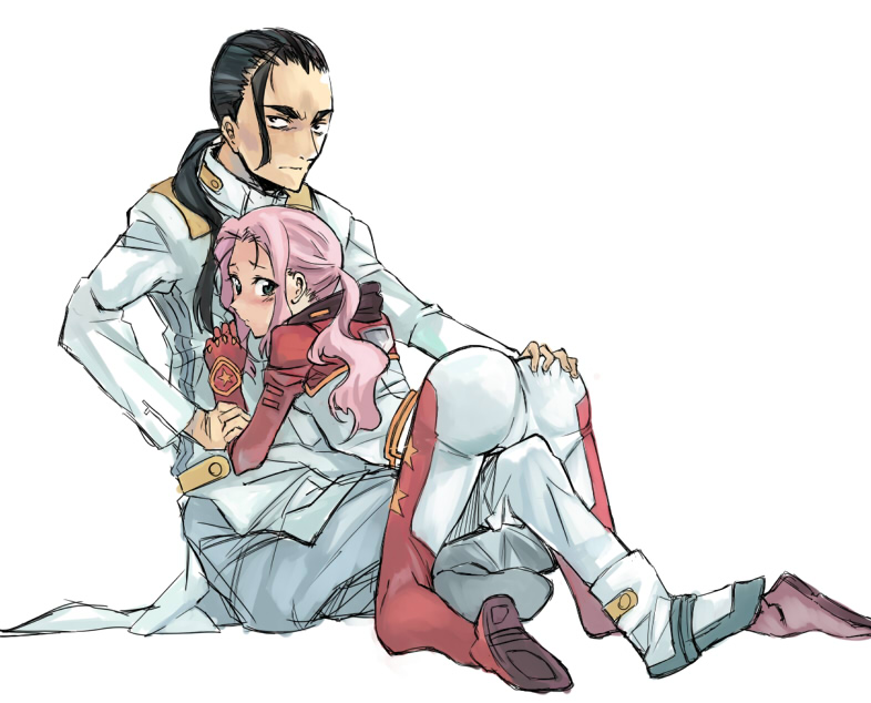 kno1, darry adai, rossiu adai, tengen toppa gurren lagann, ass grab, 00s, 1boy, 1girl, all fours, ass, black hair, blush, bodysuit, clothes lift, expressionless, from behind, girl on top, hetero, long sleeves, looking at viewer, military, military uniform, pink eyes, pink hair, ponytail, robe, simple background, skirt, skirt lift, white background