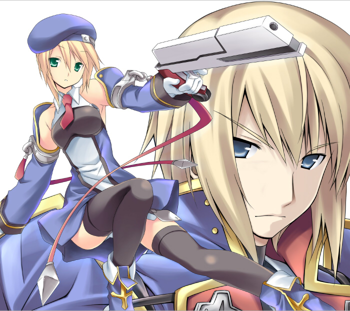 inase shin'ya, kisaragi jin, noel vermillion, arc system works, blazblue, blazblue: calamity trigger, blue footwear, 1boy, 1girl, beret, black thighhighs, blonde hair, blue eyes, boots, detached sleeves, green eyes, gun, handgun, hat, panties, ribbon, skirt, thighhighs, underwear, weapon, white panties, zettai ryouiki