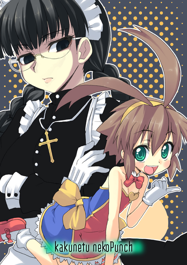 kou (garakuta teikoku), roberta (black lagoon), yuuma (magipoka), black lagoon, renkin san-kyuu magical pokaan, 00s, 2girls, antenna hair, apron, black hair, blunt bangs, blush, bow, braid, brown hair, cross, cross necklace, crossover, dress, flat chest, glasses, gloves, green eyes, hairband, jewelry, long hair, looking at viewer, maid, maid apron, maid headdress, multiple girls, necklace, open mouth, serious, short hair, smile, twin braids, white gloves