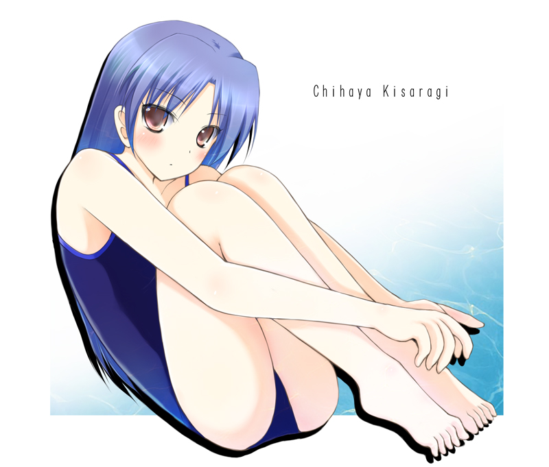 staccato squirrel, kisaragi chihaya, idolmaster, idolmaster (classic), idolmaster 1, 00s, 1girl, barefoot, blue one-piece swimsuit, blush, character name, female focus, fetal position, full body, long hair, one-piece swimsuit, plantar flexion, purple hair, romaji text, solo, swimsuit