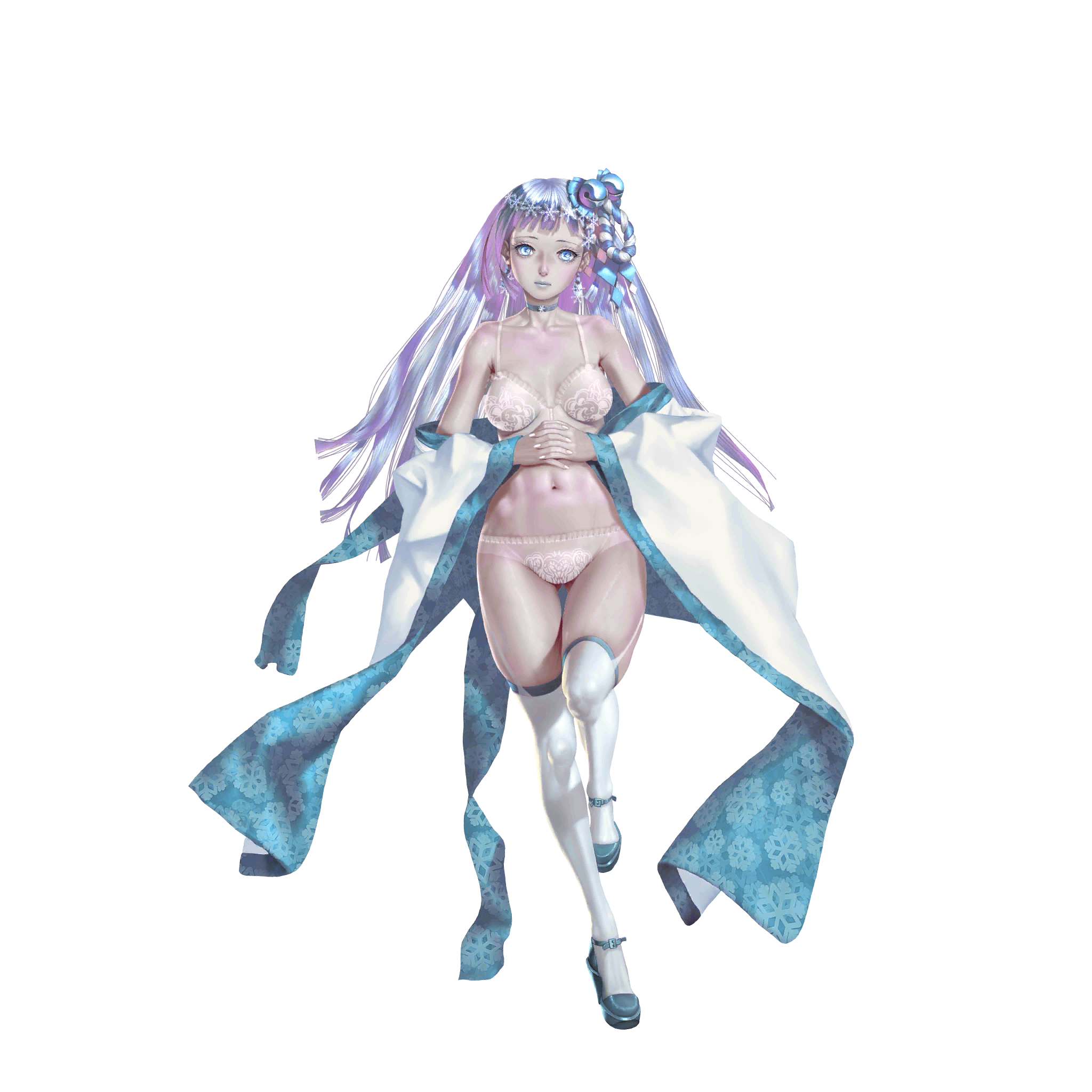 crystal maiden (series), artist request, game cg, highres, official art, variant set, 1girl, bare shoulders, bell, blue eyes, blue hair, blue lips, bra, breasts, collar, earrings, full body, hair ornament, japanese clothes, jewelry, jingle bell, long hair, looking to the side, navel, own hands together, pale skin, panties, skirt, snowflake earrings, snowflake hair ornament, snowflake print, snowflakes, solo, sumiko (crystal maidens), transparent background, underwear, white bra, white panties, yuki onna