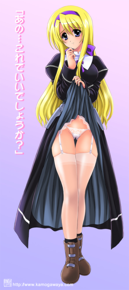 kamogawa tanuki, carim gracia, lyrical nanoha, mahou shoujo lyrical nanoha, mahou shoujo lyrical nanoha strikers, long image, tall image, translated, 00s, 1girl, blonde hair, boots, cameltoe, censored, clothes lift, dress, dress lift, female focus, garter straps, lingerie, long hair, panties, purple eyes, solo, thighhighs, underwear