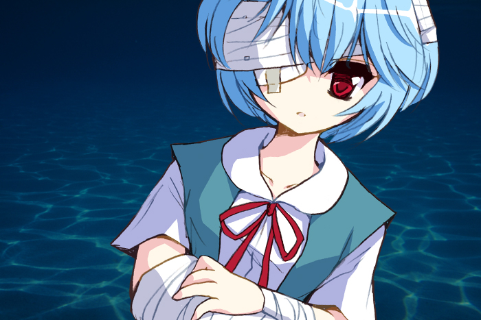 ayanami rei, neon genesis evangelion, bandage over one eye, bandages, blue hair, school uniform, serafuku, short hair, solo
