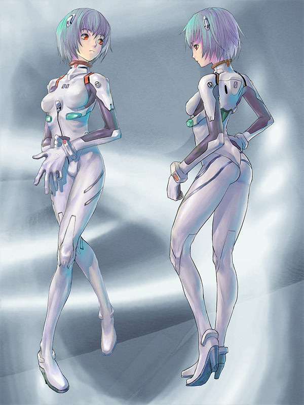 ayanami rei, neon genesis evangelion, 1girl, blue hair, bodysuit, curvy, full body, high heels, interface headset (evangelion), mecha pilot suit, plugsuit (evangelion), red eyes, shiny clothes, shoes, short hair, wide hips