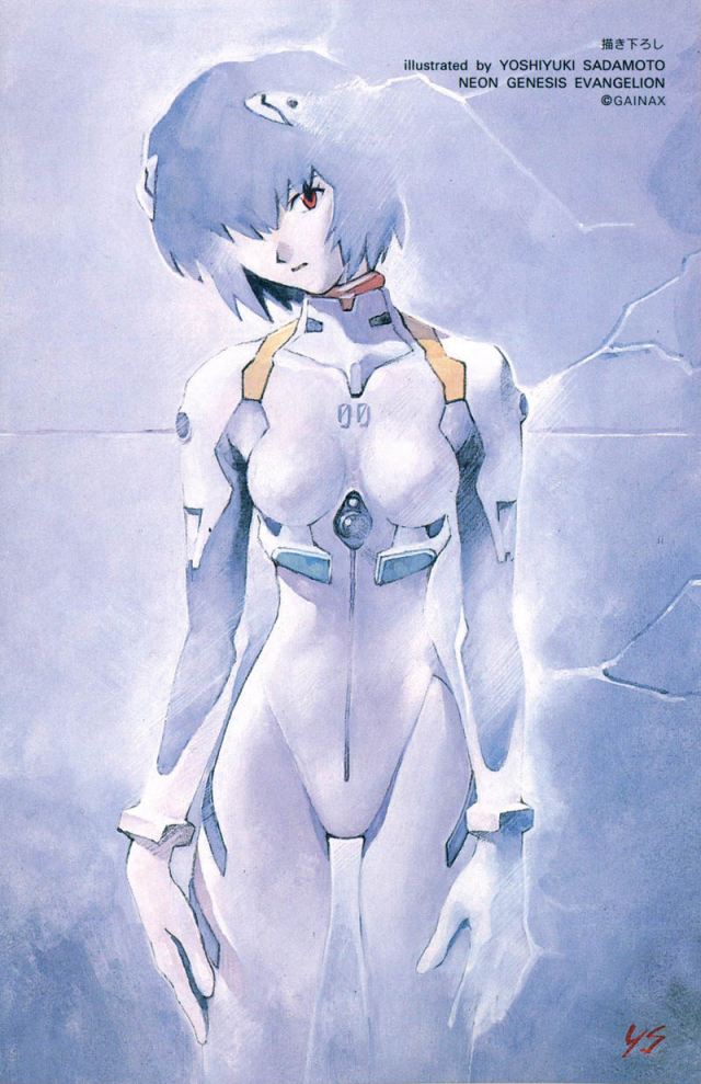 sadamoto yoshiyuki, ayanami rei, neon genesis evangelion, official art, arms at sides, blue background, blue hair, copyright name, cowboy shot, hair over one eye, head tilt, interface headset (evangelion), mecha pilot suit, pale skin, plugsuit (evangelion), red eyes, short hair, solo