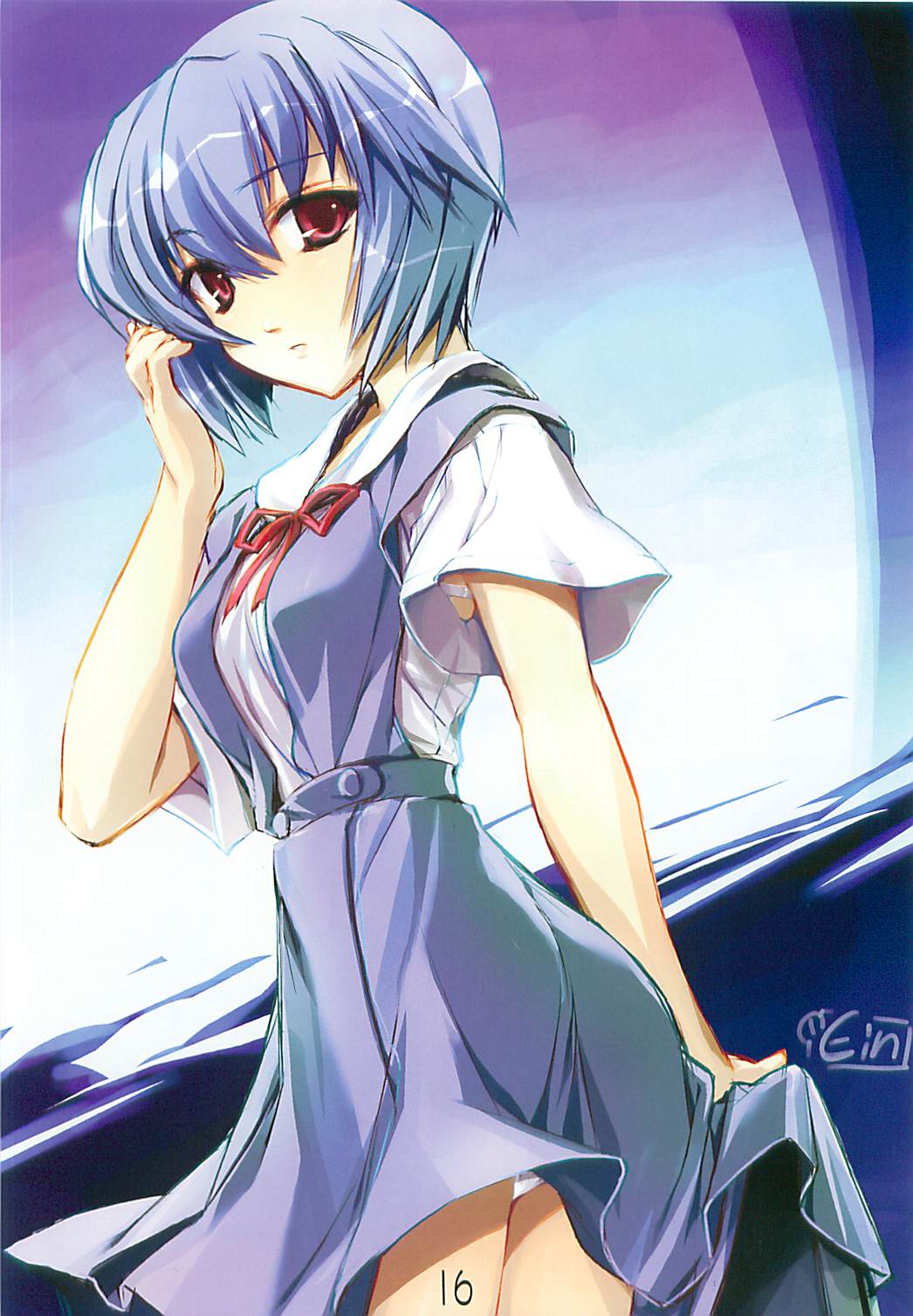 ayanami rei, neon genesis evangelion, highres, 1girl, breasts, female focus, school uniform, serafuku, small breasts, solo