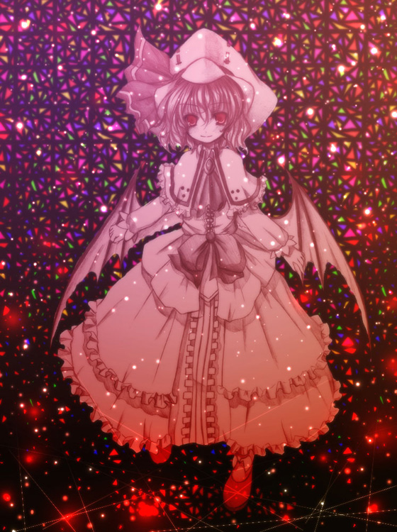 kasuga sunao, kurona, remilia scarlet, touhou, 1girl, bat wings, female focus, hat, solo, stained glass, wings