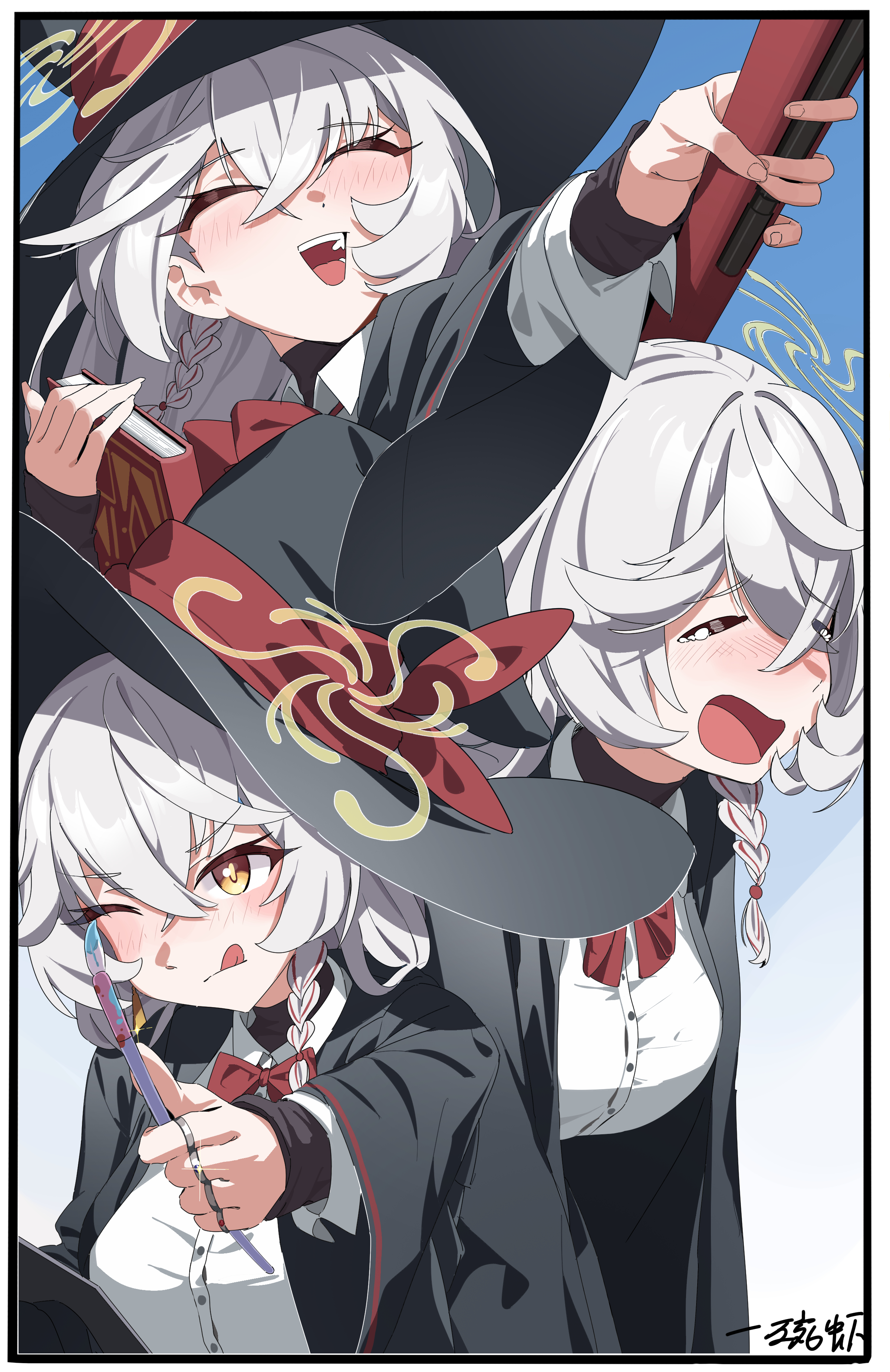 cou di di, eri (blue archive), blue archive, absurdres, chinese commentary, commentary, highres, 1girl, :d, ;q, = =, ^ ^, black hat, black robe, blue background, blush, bolt action, book, border, bow, bowtie, braid, breasts, brown eyes, carcano, closed eyes, closed mouth, collared shirt, crossed bangs, dress shirt, dual wielding, eyelashes, glint, grey hair, gun, hair between eyes, halo, hand up, happy, hat, hat ribbon, holding, holding book, holding brush, holding gun, holding weapon, jewelry, large breasts, long hair, long sleeves, looking to the side, multiple expressions, multiple rings, multiple views, no headwear, nose blush, one eye closed, open clothes, open mouth, open robe, red bow, red bowtie, red ribbon, ribbon, rifle, ring, robe, school uniform, shirt, signature, simple background, single braid, smile, split mouth, tearing up, teeth, thumbs up, tilted halo, tongue, tongue out, turtleneck, upper body, upper teeth only, v-shaped eyebrows, weapon, white border, white shirt, wide sleeves, witch, witch hat, yellow halo, yellow pupils
