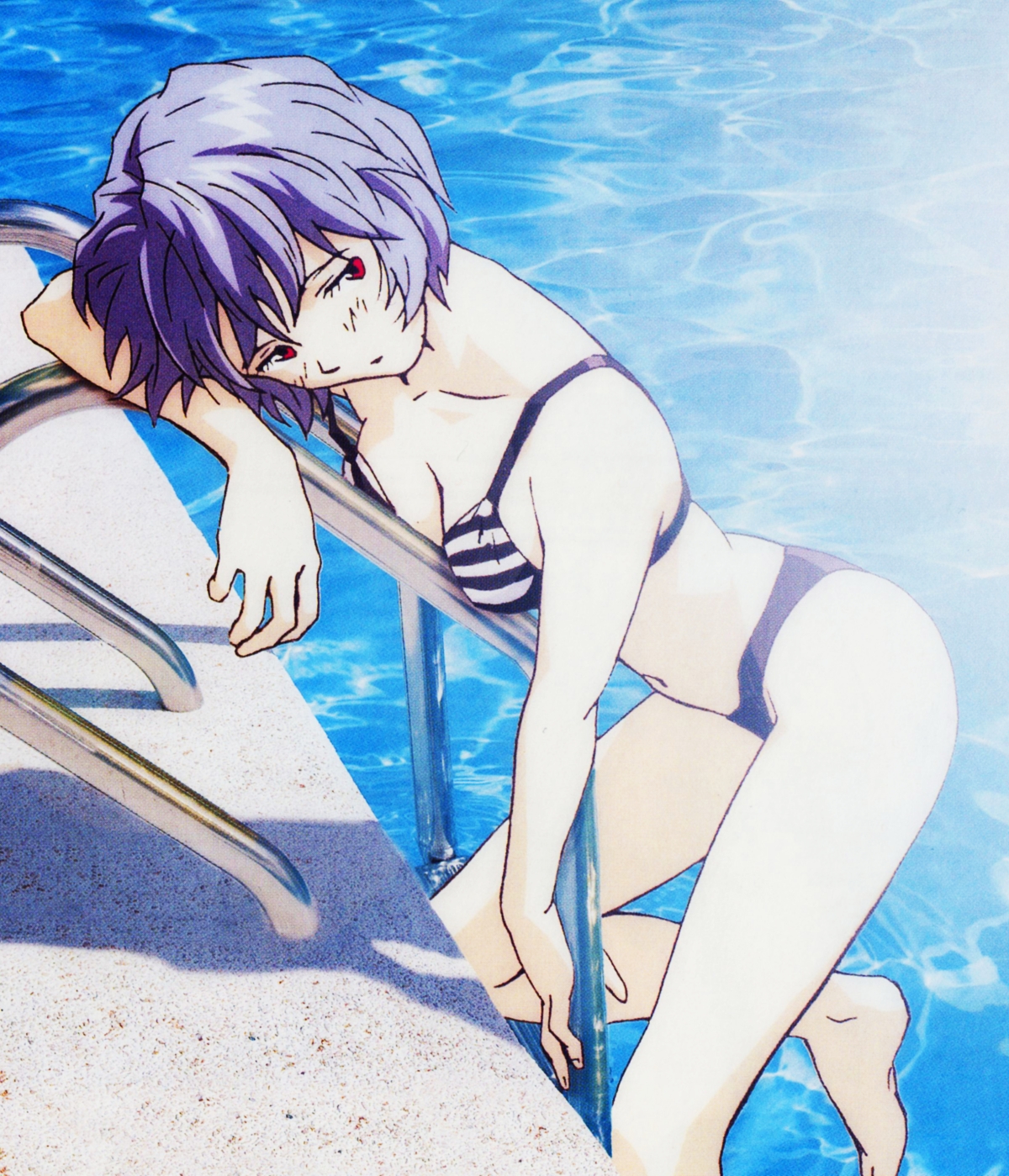 hiramatsu tadashi, ayanami rei, neon genesis evangelion, cropped, highres, official art, 1girl, barefoot, bikini, blue hair, breast press, breasts, cleavage, female focus, leaning forward, navel, pale skin, photo background, pool, pool ladder, poolside, red eyes, shadow, short hair, small breasts, solo, striped bikini, striped clothes, sunlight, swimsuit
