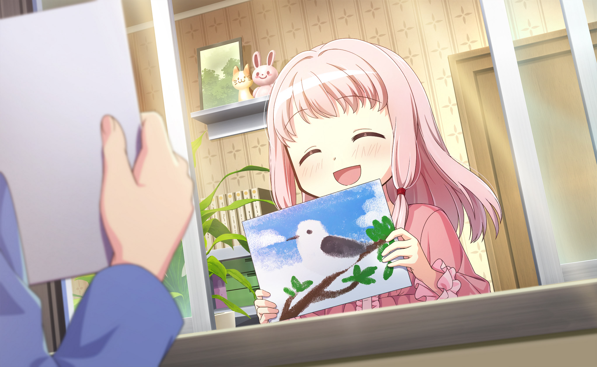 tamaki ui, magia record: mahou shoujo madoka magica gaiden, mahou shoujo madoka magica, mahou shoujo madoka magica magia exedra, artist request, game cg, highres, official art, 2girls, ^ ^, bird, blue shirt, book, center frills, closed eyes, door, dot nose, drawing (object), dress, fingernails, frilled sleeves, frills, hair tubes, happy, holding, holding paper, indoors, light blush, long hair, long sleeves, multiple girls, nightgown, open mouth, paper, photo (object), pink dress, pink hair, plant, potted plant, shelf, shirt, smile, solo focus, stuffed animal, stuffed cat, stuffed rabbit, stuffed toy, upper body, window