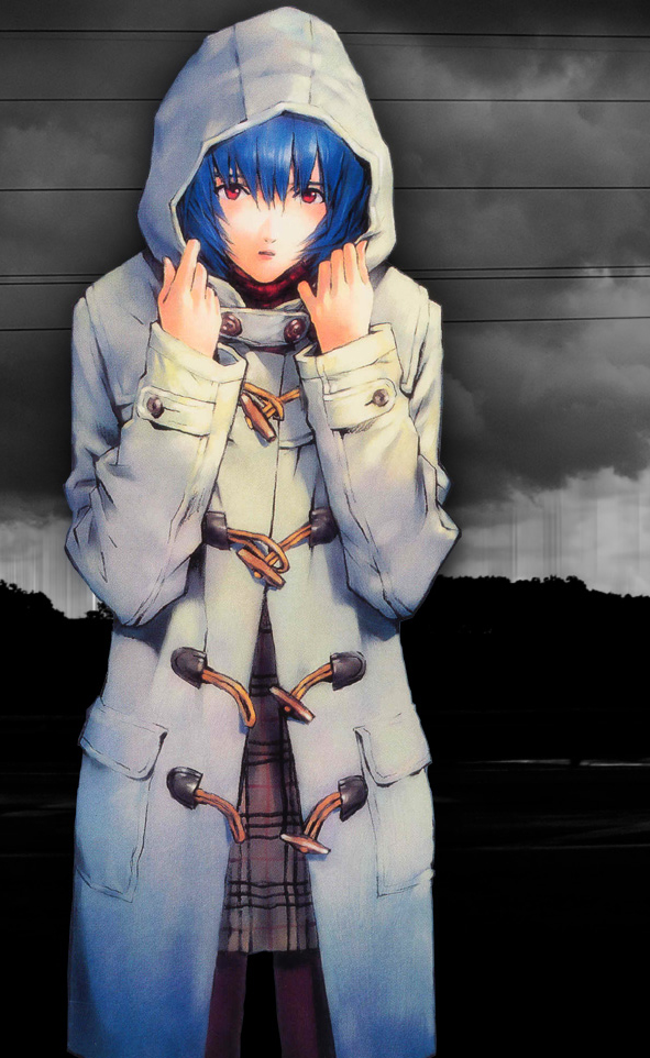 sadamoto yoshiyuki, ayanami rei, neon genesis evangelion, blue hair, cloud, coat, cowboy shot, hood, hooded coat, pantyhose, red eyes, short hair, skirt, solo, standing