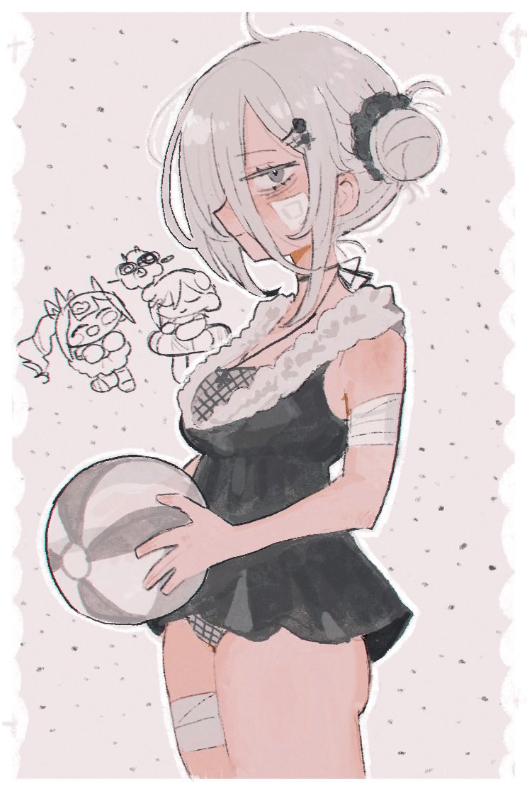 moosu, reml, denonbu, 1girl, abeno-shakuji-maya, ball, bandage on face, bandaged arm, bandaged leg, bandages, beachball, black one-piece swimsuit, blush, border, colored eyelashes, covered navel, dotted background, facing to the side, fishnet fabric, frills, from side, gauze on arm, grey hair, hair between eyes, hair bun, hair ornament, hair scrunchie, hairpin, holding, holding ball, holding beachball, lace, lace border, long hair between eyes, looking at viewer, looking to the side, lower body, multiple hairpins, ogami matoi, one-piece swimsuit, ornate border, polka dot, scrunchie, sidelocks, single side bun, skirt, smile, swimsuit, white border