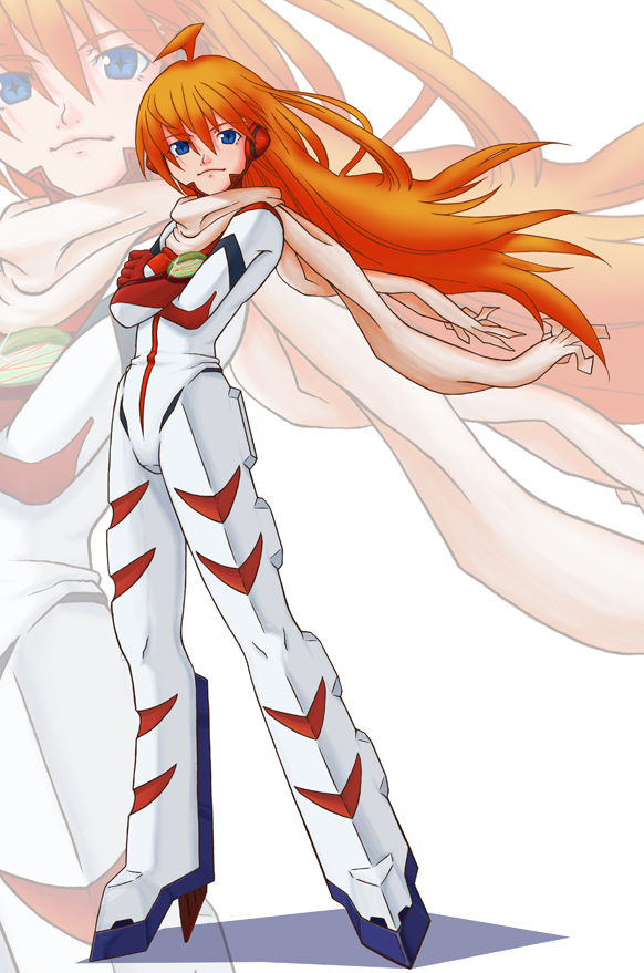 himegami shino, buster machine 7, nono (top wo nerae 2!), top wo nerae! (series), top wo nerae 2!, + +, 00s, 1girl, blue eyes, bodysuit, cross-shaped pupils, crossed arms, female focus, orange hair, scarf, solo, symbol-shaped pupils, zoom layer
