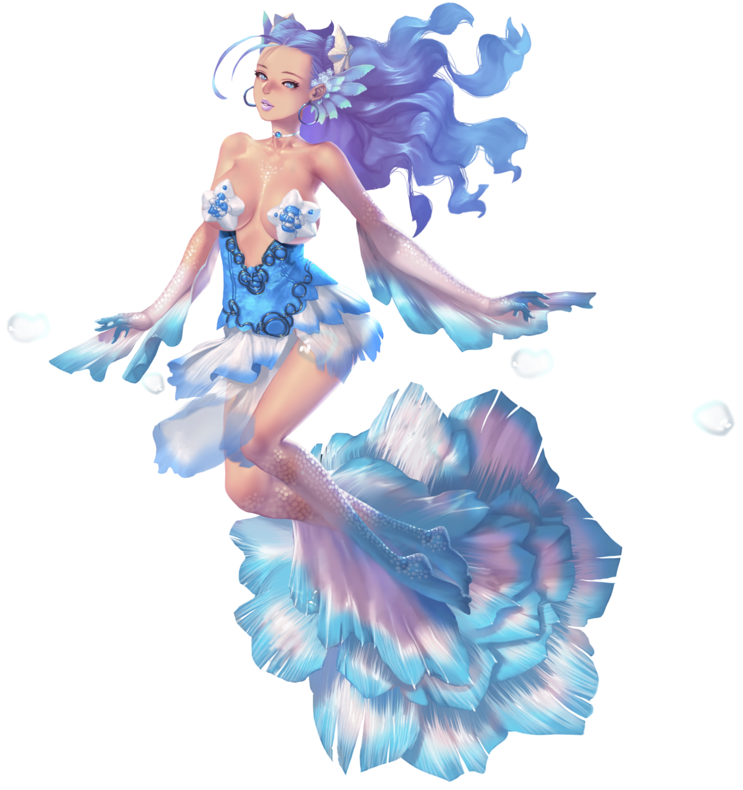 crystal maiden (series), absurdres, artist request, game cg, highres, official art, variant set, 1girl, antenna hair, bare shoulders, blue eyes, blue hair, blue lips, breasts, bubble, cleavage, collar, earrings, full body, jewelry, long hair, solo, starfish bikini, starfish hair ornament, taki (crystal maidens), transparent background