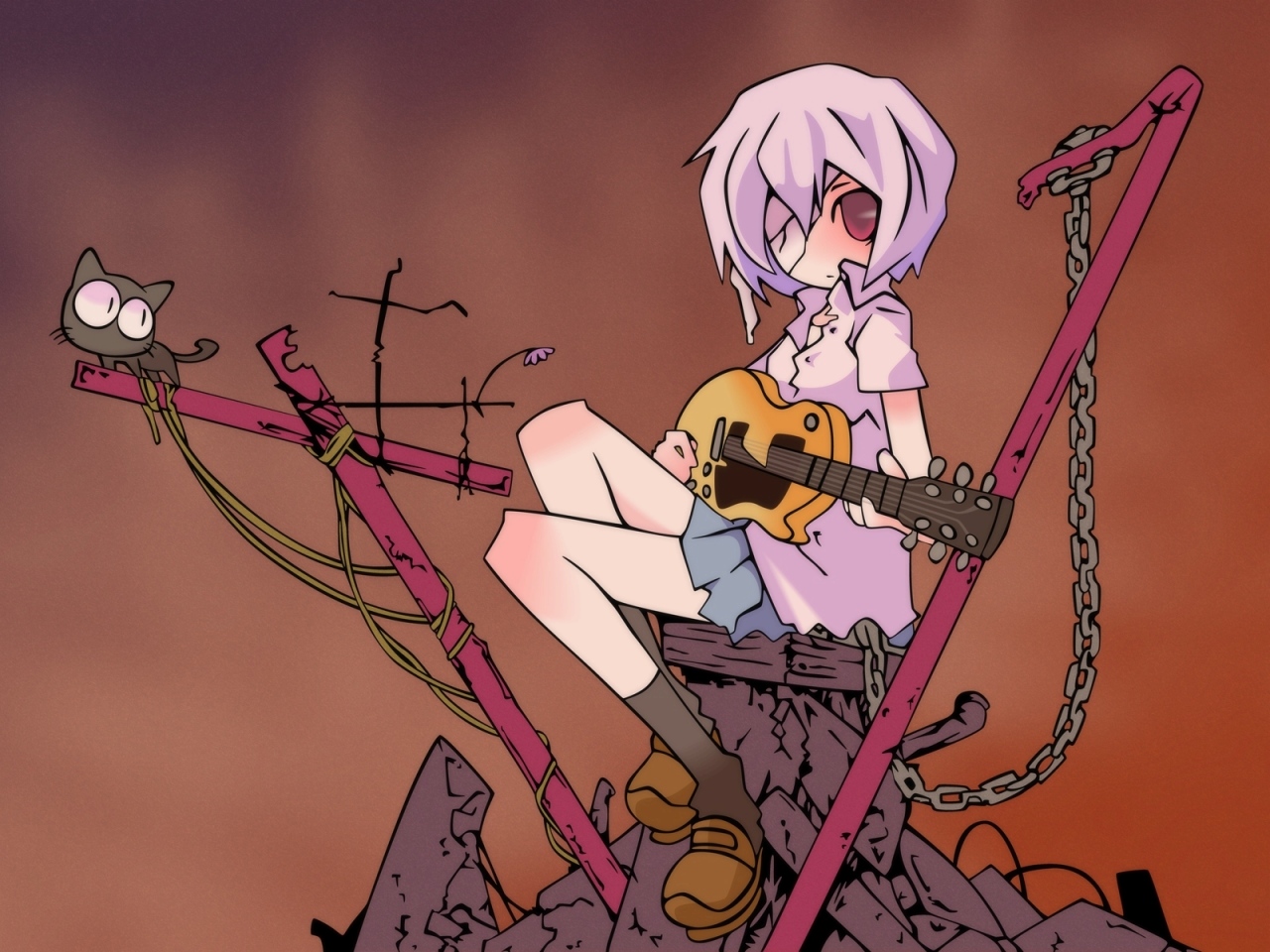 kuma jet, takkun, ayanami rei, takkun (flcl), flcl, neon genesis evangelion, derivative work, vector trace, 1girl, bandages, blue hair, cat, chain, crossover, eyepatch, female focus, guitar, instrument, parody, red eyes, ruins, short hair, sitting, skirt, socks, solo