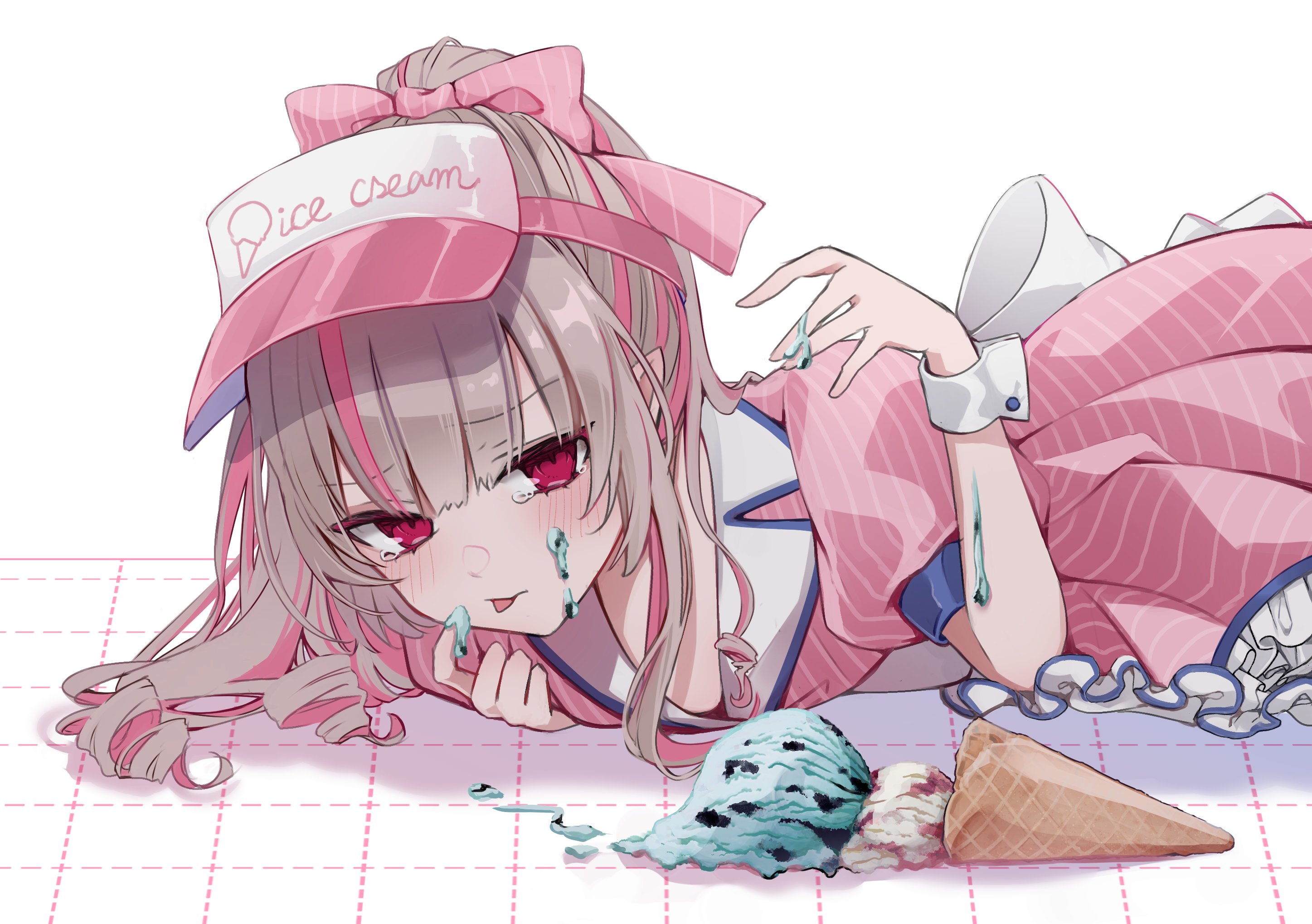 nam, makaino ririmu, nijisanji, highres, 1girl, back bow, blue sleeve cuffs, blue trim, blunt bangs, blush, bow, closed mouth, colored inner hair, cowboy shot, drill hair, drill ponytail, fallen down, food, food on body, food on face, frilled skirt, frills, frown, furrowed brow, grey hair, grid background, hair over shoulder, ice cream, ice cream cone, jacket, lapels, lying, melting, multicolored hair, multiple scoops, official alternate costume, official alternate hairstyle, pink bow, pink hair, pink jacket, pink skirt, pointy ears, puffy short sleeves, puffy sleeves, red eyes, short sleeves, sidelocks, skirt, solo, spill, streaked hair, striped bow, striped clothes, striped jacket, striped skirt, tearing up, tongue, tongue out, vertical-striped bow, vertical-striped clothes, vertical-striped jacket, virtual youtuber, visor cap, waitress, white background, white bow, white wrist cuffs, wrist cuffs