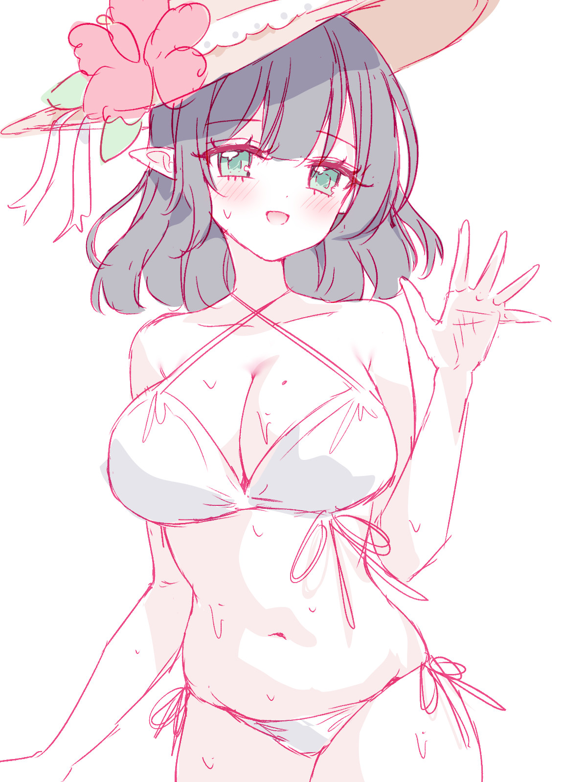tandohark, trickcal, character request, highres, 1girl, :d, bare arms, bare shoulders, bikini, black hair, blush, breasts, brown hat, cleavage, collarbone, criss-cross halter, flower, green eyes, halterneck, hat, hat flower, large breasts, navel, open mouth, pointy ears, red flower, side-tie bikini bottom, simple background, skindentation, smile, solo, swimsuit, white background