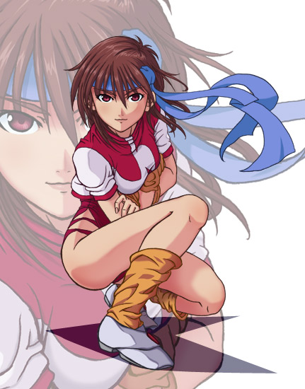 himegami shino, takaya noriko, top wo nerae!, top wo nerae! (series), brown eyes, brown hair, headband, kneeling, leg warmers, leotard, solo, squatting, wind, wristband, zoom layer