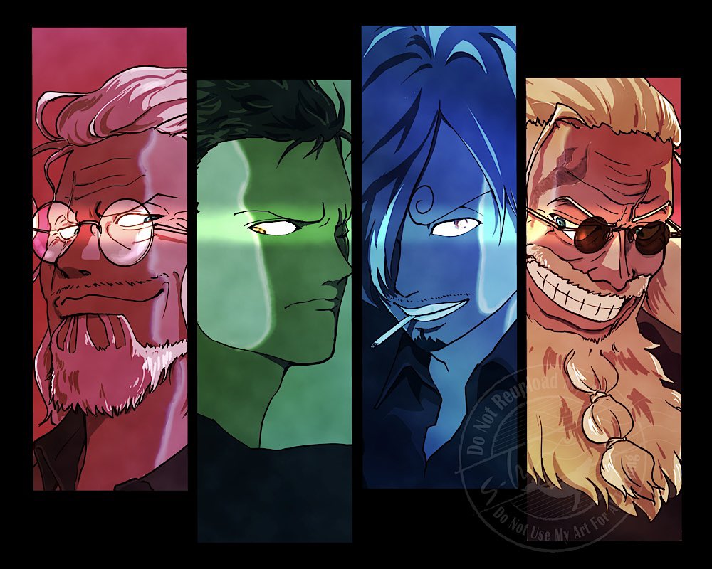 s hirokujira, roronoa zoro, sanji (one piece), scopper gaban, silvers rayleigh, one piece, 4boys, beard, cigarette, curly eyebrows, facial hair, glasses, hair over one eye, male focus, multiple boys, mustache stubble, smile, stubble, sunglasses