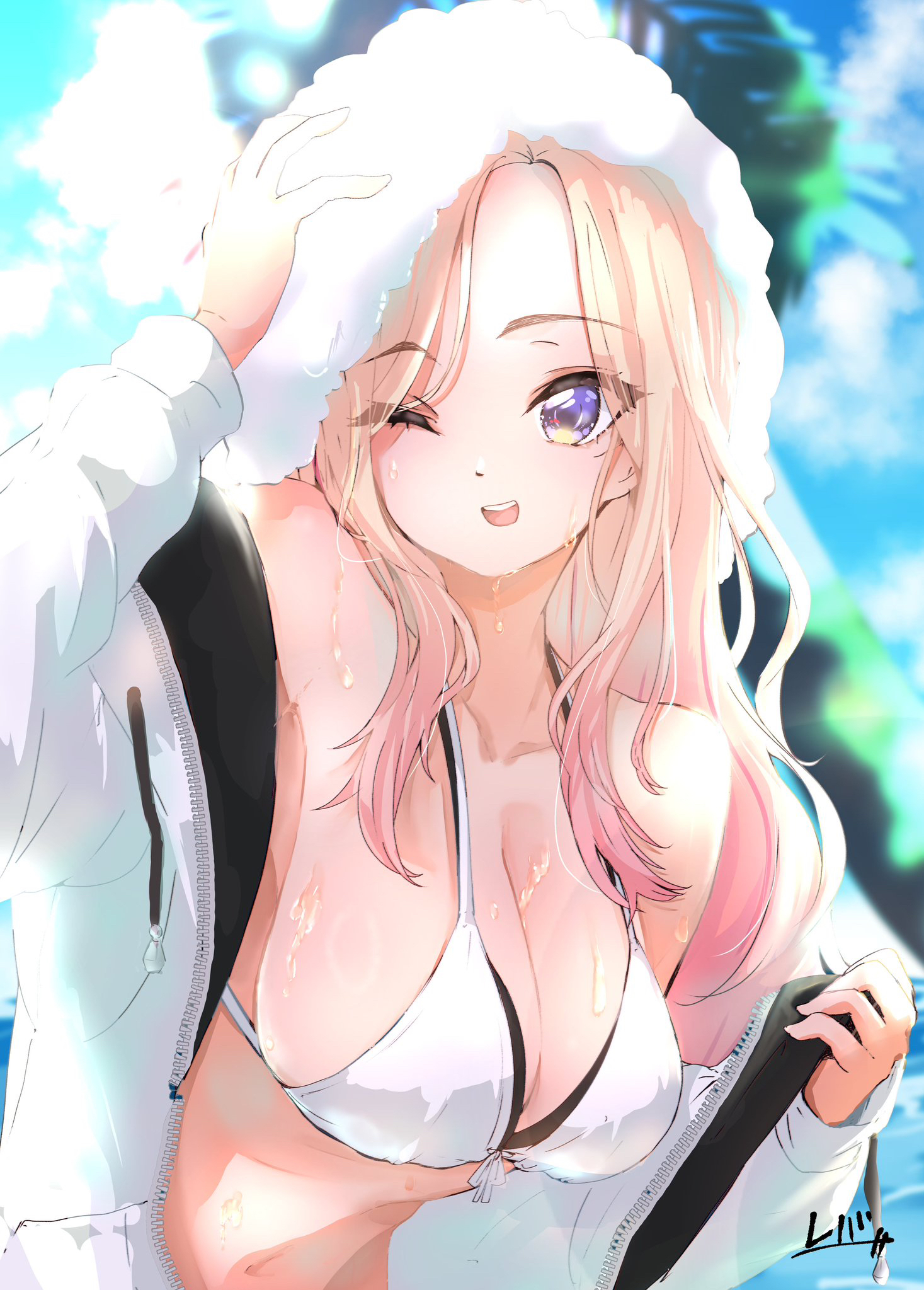kionaisiteru, juo sena, gakuen idolmaster, idolmaster, commentary request, highres, 1girl, ;d, armpit peek, bikini, blush, breasts, collarbone, forehead, front-tie bikini top, front-tie top, gradient hair, jacket, jacket over swimsuit, kimi to semi blue (idolmaster), large breasts, multicolored hair, official alternate costume, one eye closed, open clothes, open jacket, open mouth, pink hair, signature, smile, solo, swimsuit, towel, towel on head, upper body, white bikini, white jacket
