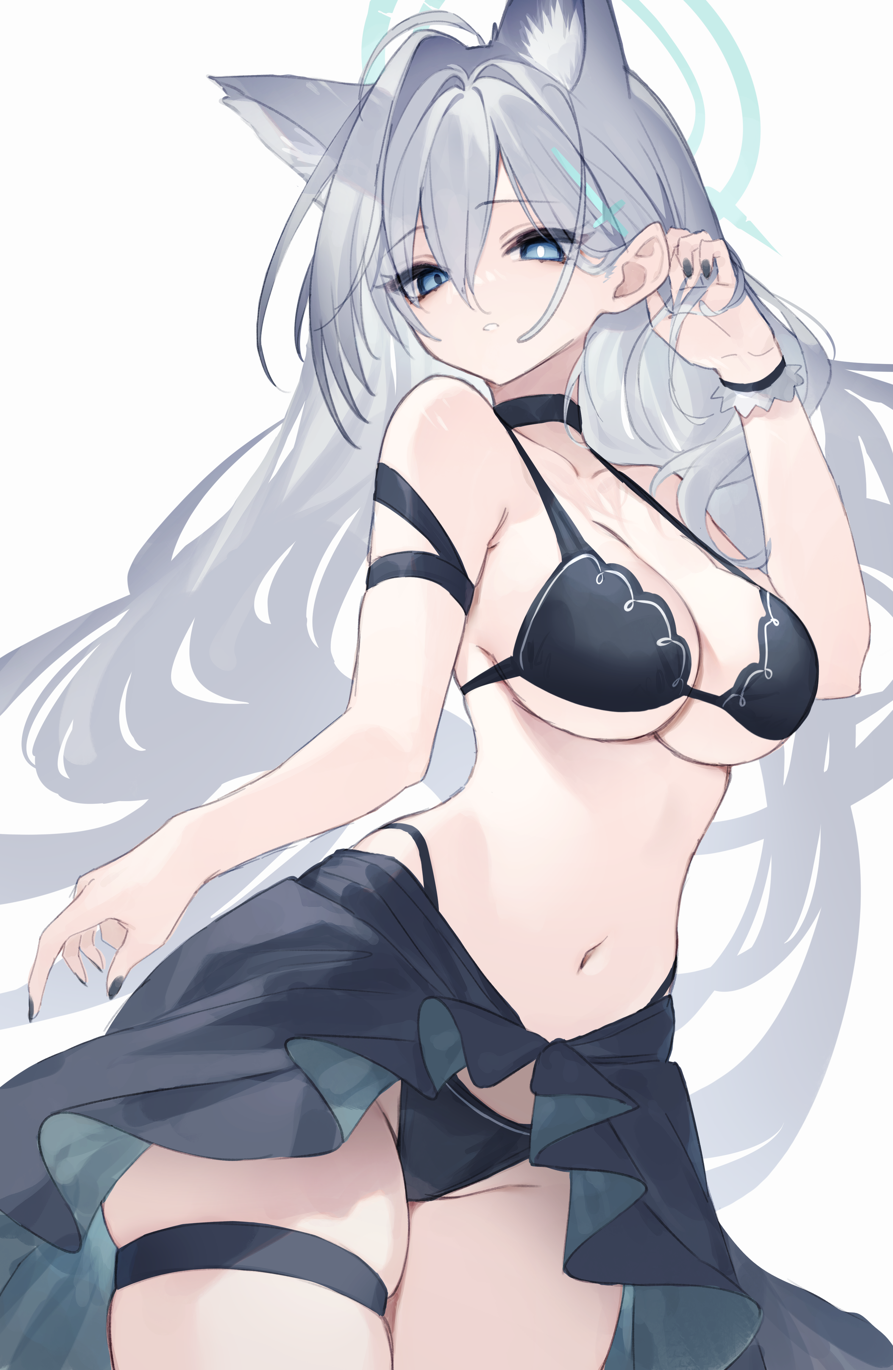 diieru, shiroko terror (blue archive), blue archive, absurdres, highres, 1girl, animal ear fluff, animal ears, bikini, black bikini, black nails, blue eyes, breasts, cowboy shot, extra ears, grey hair, large breasts, long hair, mismatched pupils, navel, parted lips, sarong, solo, standing, swimsuit, thigh strap, very long hair, wolf ears