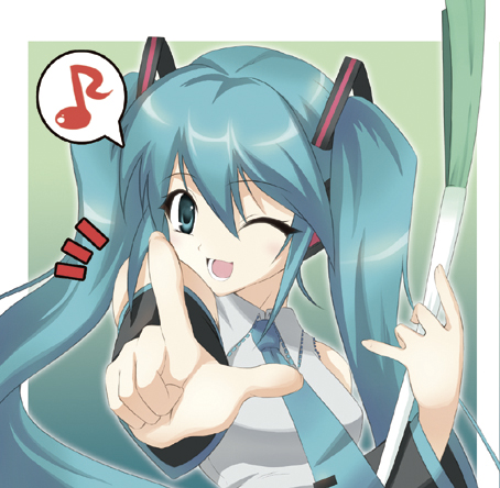 ishigami kazui, hatsune miku, vocaloid, lowres, 1girl, aqua eyes, aqua hair, aqua necktie, female focus, foreshortening, musical note, necktie, one eye closed, open mouth, pointing, simple background, smile, solo, speech bubble, spoken musical note, spring onion, twintails, upper body, wink