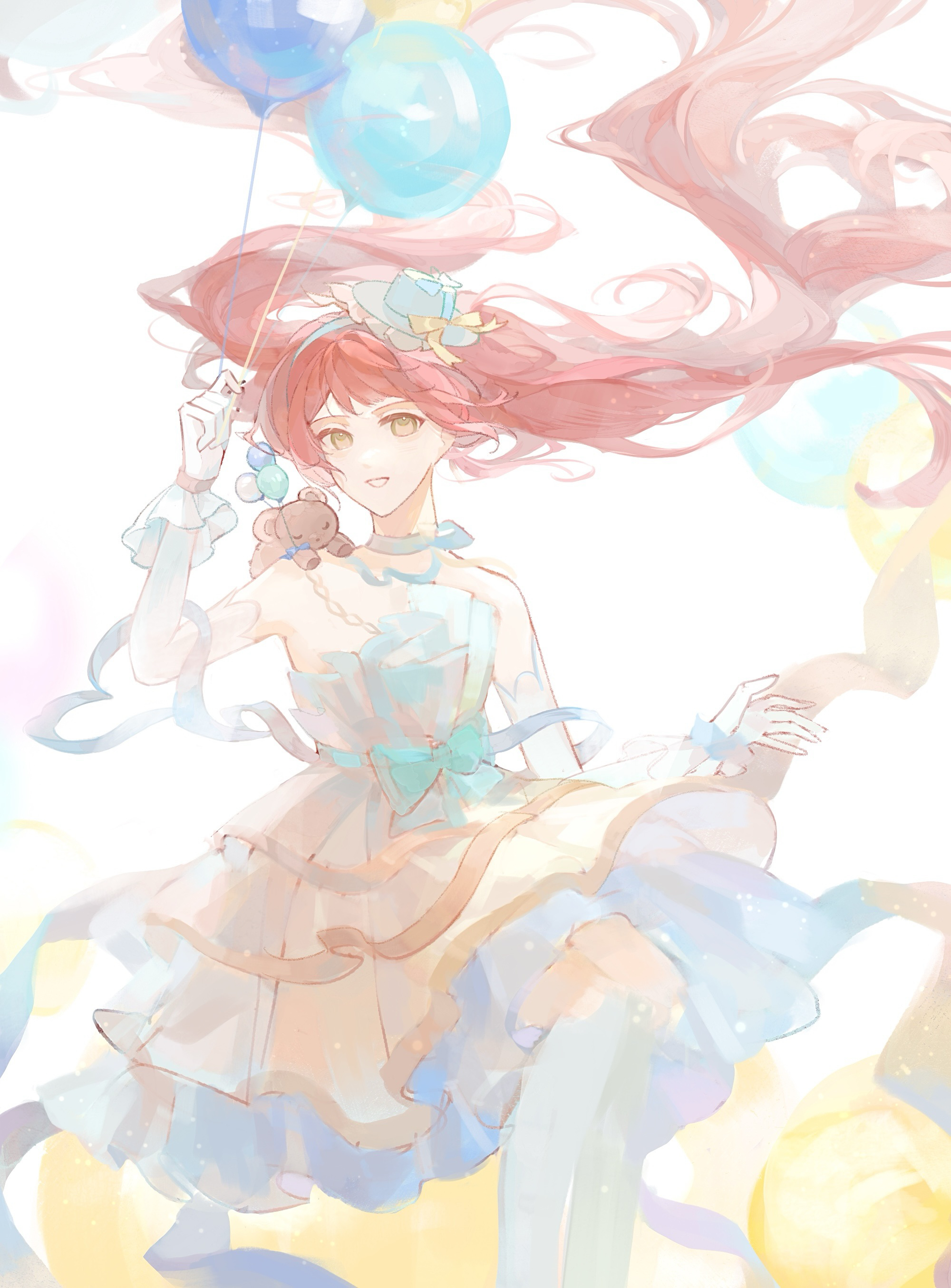 dance till dawn (infinity nikki), infinity nikki, nikki (series), absurdres, highres, 1girl, aqua bow, balloon, bare shoulders, blue choker, blue dress, blue hairband, blue hat, blue ribbon, blue socks, bow, brown eyes, choker, detached sleeves, dot nose, dress, feet out of frame, floating hair, frilled gloves, frilled headwear, frills, gloves, hairband, hat, hat bow, holding, holding balloon, kneehighs, light blush, lolita fashion, long hair, long sleeves, mini hat, mini top hat, official alternate color, open mouth, pink hair, ribbon, ribbon choker, sitting, smile, socks, solo, strapless, strapless dress, stuffed animal, stuffed toy, teddy bear, top hat, triti, twintails, two-tone dress, very long hair, waist bow, wavy hair, white background, white gloves, white sleeves, wind, yellow bow, yellow dress