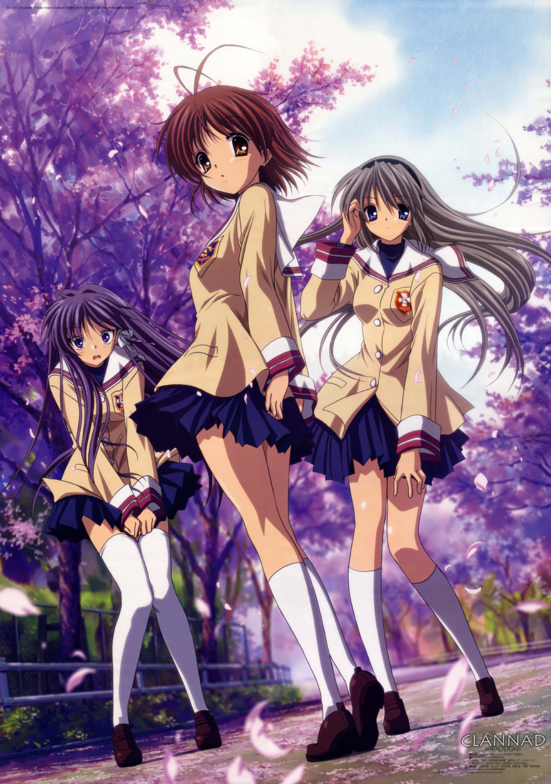 ikeda kazumi, fujibayashi kyou, furukawa nagisa, sakagami tomoyo, clannad, duplicate, official art, 00s, 3girls, antenna hair, kneehighs, long hair, multiple girls, socks, thighhighs, wind, wind lift