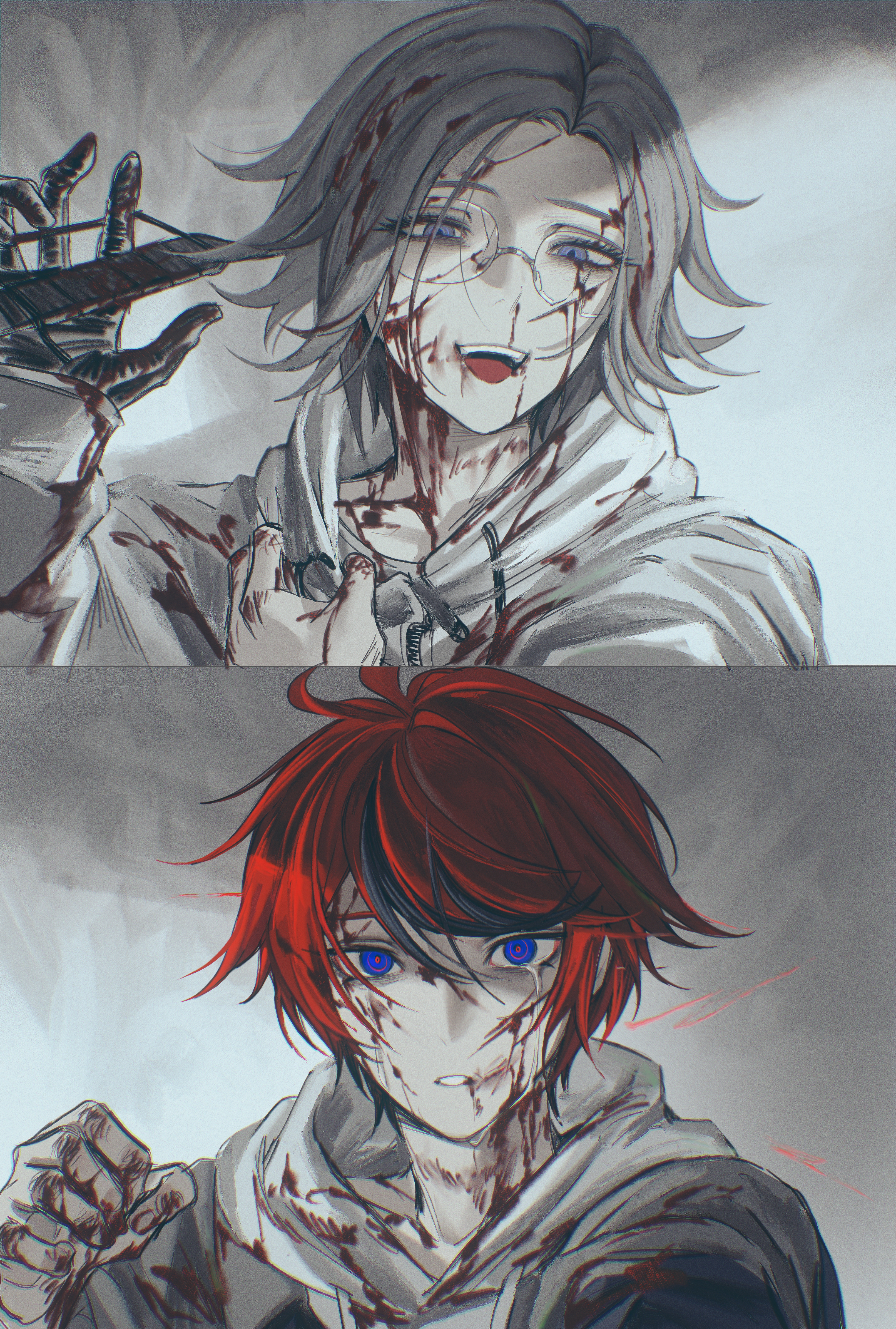 7nite, aotsuki eito, sumino takumi, the hundred line -last defense academy-, absurdres, commentary, highres, spoilers, symbol-only commentary, 2boys, :d, ahoge, black gloves, black jacket, black streaks, blood, blood on clothes, blood on face, blood on hands, blue eyes, broken eyewear, clothes grab, crying, crying with eyes open, glasses, gloves, grey hair, grey jacket, holding, hood, hoodie, jacket, jacket over hoodie, looking at viewer, male focus, multicolored hair, multicolored jacket, multiple boys, open mouth, purple eyes, red hair, short hair, smile, split screen, streaked hair, streaming tears, tears, teeth, two-tone jacket, upper teeth only, white hoodie, white jacket