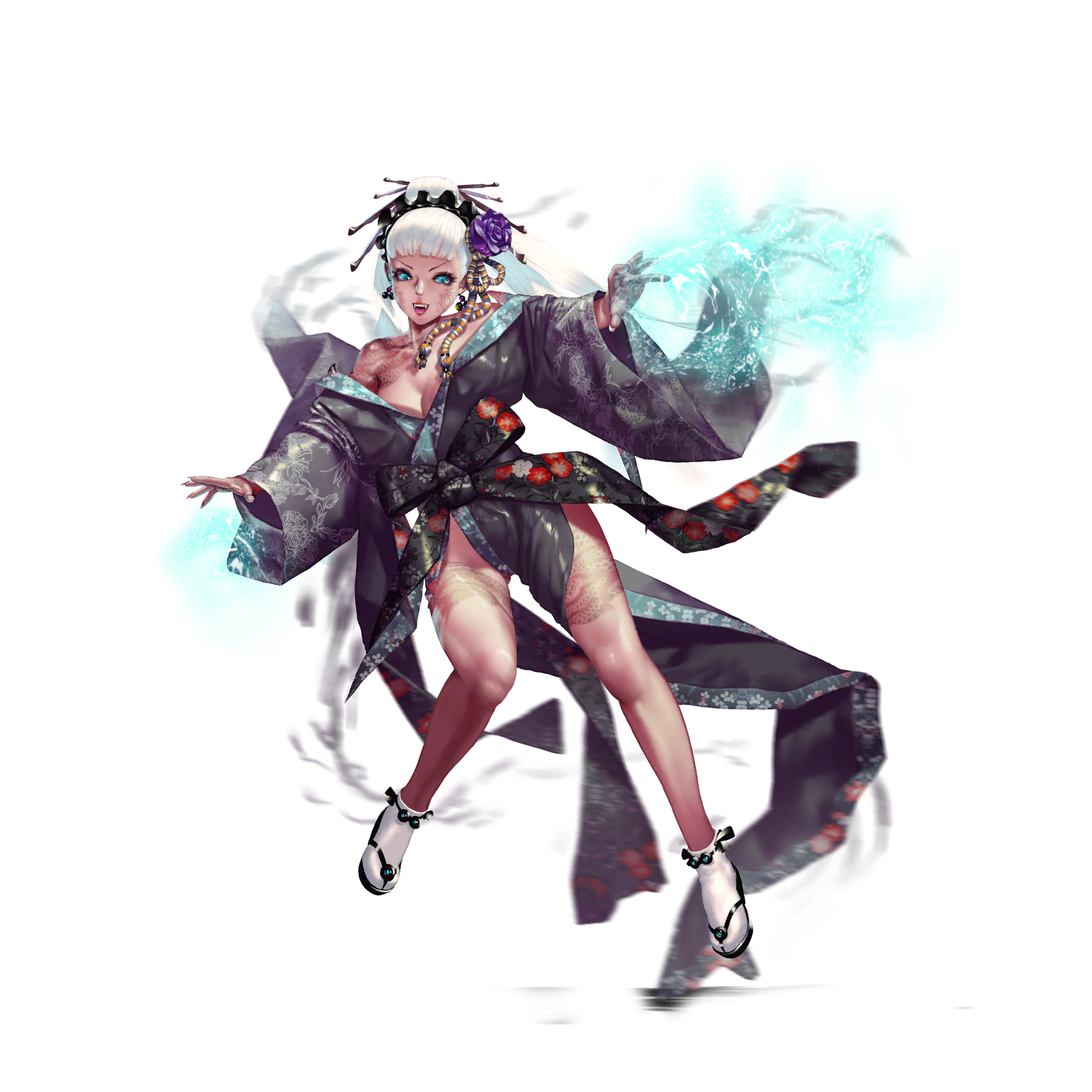 crystal maiden (series), artist request, game cg, highres, official art, variant set, 1girl, bare legs, bare shoulders, black kimono, blue eyes, breasts, earrings, facial tattoo, fang, floral print, flower, frown, full body, hair flower, hair ornament, japanese clothes, jewelry, kimono, leg tattoo, long hair, looking to the side, magic, open mouth, shoulder tattoo, solo, tattoo, transparent background, white hair, yasei (crystal maidens)