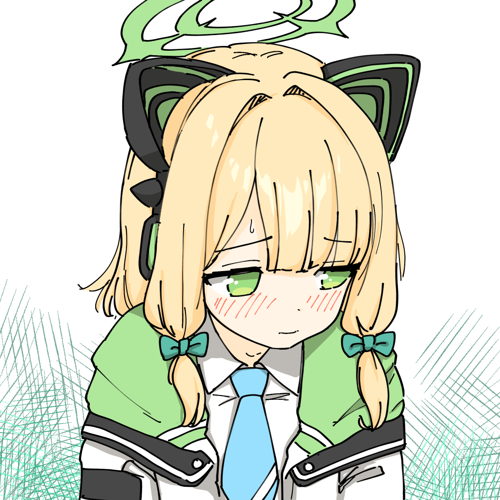 cotico, midori (blue archive), blue archive, commentary, 1girl, animal ear headphones, animal ears, averting eyes, blonde hair, blue necktie, blush, bow, cat ear headphones, cat ears, closed mouth, collared shirt, embarrassed, fake animal ears, green bow, green eyes, green halo, green jacket, hair bow, halo, headphones, jacket, low-tied sidelocks, multicolored jacket, necktie, open clothes, open jacket, parted bangs, shirt, shy, sidelocks, solo, sweatdrop, upper body, white background, white jacket, white shirt