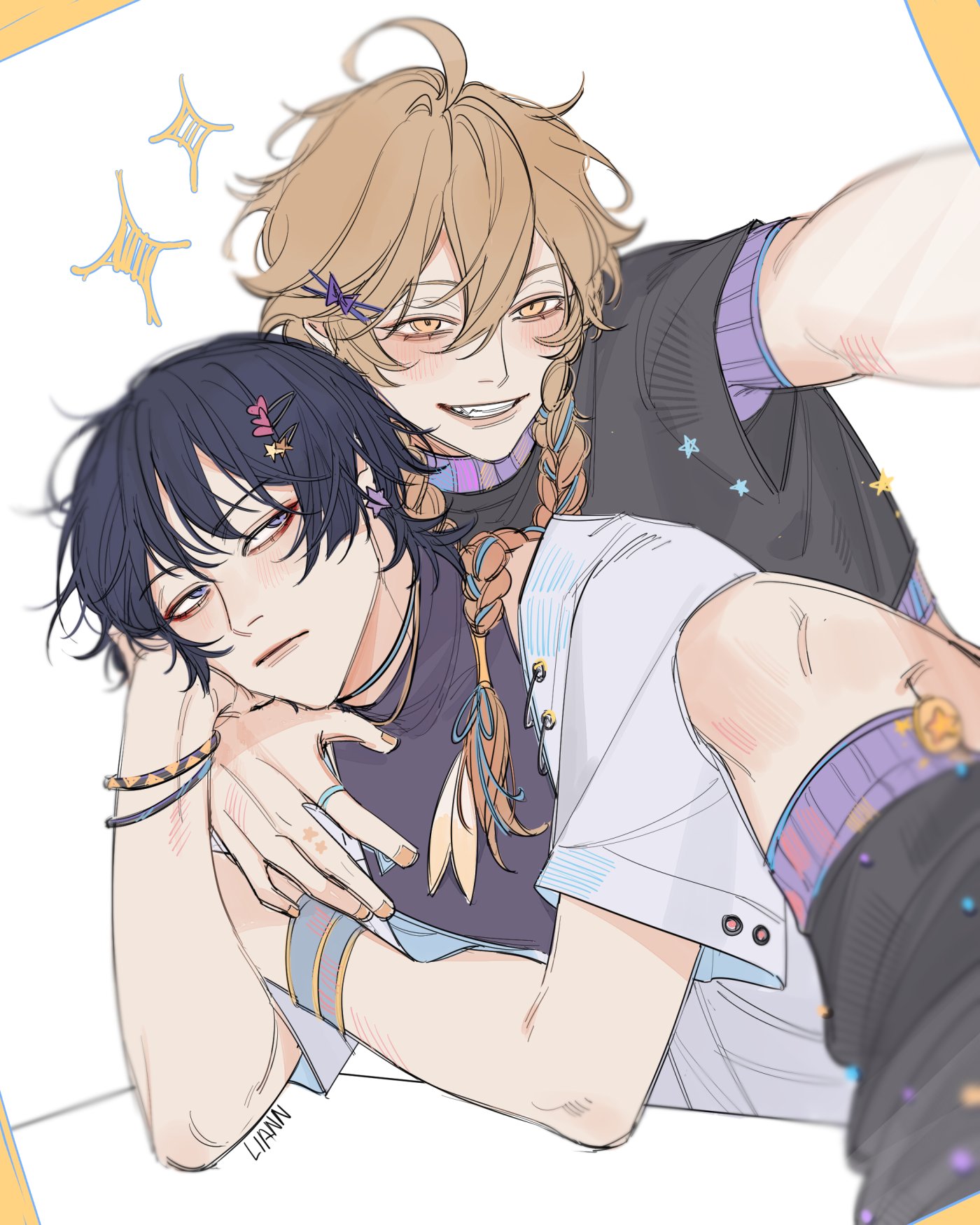 liann1009, aether (genshin impact), scaramouche (genshin impact), genshin impact, commentary, english commentary, highres, 2boys, alternate costume, arm around neck, black hair, black shirt, blue eyes, bracelet, braid, closed mouth, contemporary, double-parted bangs, earrings, elbow on table, eyelashes, grin, hair behind ear, hair between eyes, hair ornament, jacket, jewelry, leg up, light frown, long hair, looking to the side, male focus, multiple boys, outstretched arm, piercing, shirt, short sleeves, single braid, smile, sparkle, star (symbol), teeth, very long hair, white jacket, yellow eyes