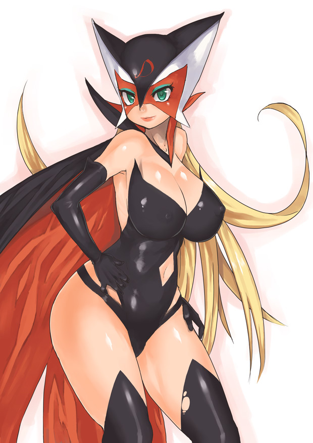 nagase haruhito, doronjo, tatsunoko production, time bokan (series), yatterman, 1girl, blonde hair, boots, breasts, cleavage, elbow gloves, female focus, gloves, huge breasts, large breasts, long hair, mask, solo, thigh boots, thighhighs