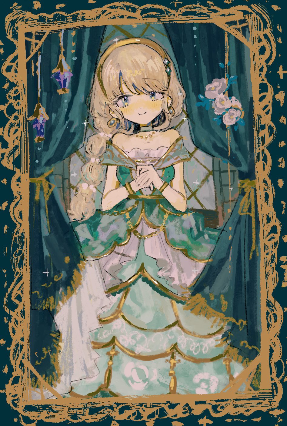 moosu, yumeoji shiori, shoujo kageki revue starlight, shoujo kageki revue starlight -re live-, highres, 1girl, aqua eyes, bare shoulders, blonde hair, blush, bodice, border, bracelet, braid, braided ponytail, bustle, camisole, choker, collarbone, corset, crinoline, curtains, dress, earrings, flower, frilled skirt, frills, fringe trim, full body, gem, gold bracelet, gold earrings, gold trim, hair ornament, headband, hoop skirt, indoors, jewelry, lace, lace-trimmed dress, lace trim, lantern, long hair, looking at viewer, necklace, off shoulder, overskirt, own hands together, portrait, rose, sidelocks, skirt, sleeveless, smile, solo, standing, window