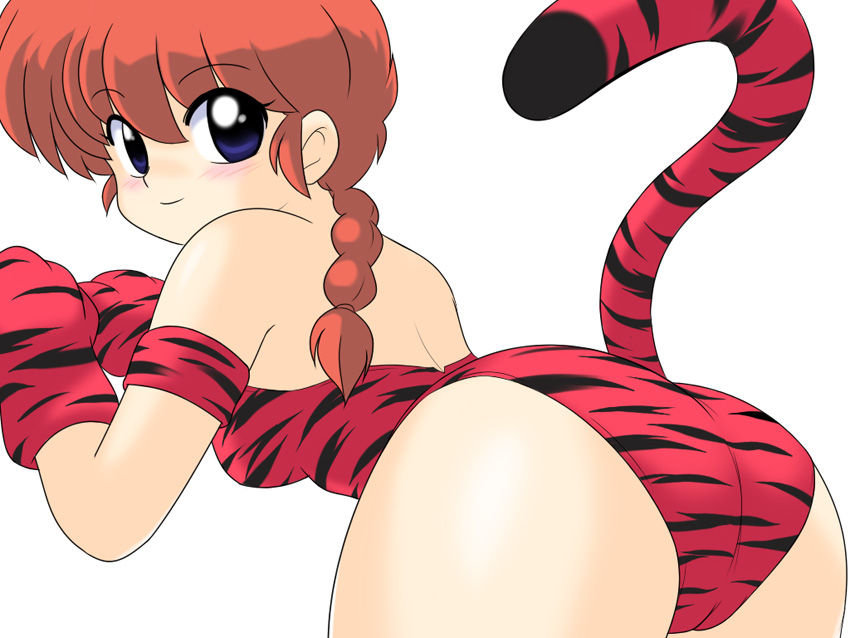 kj (k777), ranma-chan, saotome ranma, ranma 1/2, 1girl, animal costume, animal ears, animal hands, animal print, ass, blush, braid, braided ponytail, breasts, cameltoe, female focus, from behind, genderswap, genderswap (mtf), gloves, large breasts, paw gloves, red hair, single braid, solo, tail, tiger costume, tiger ears, tiger print, tiger stripes, tiger tail