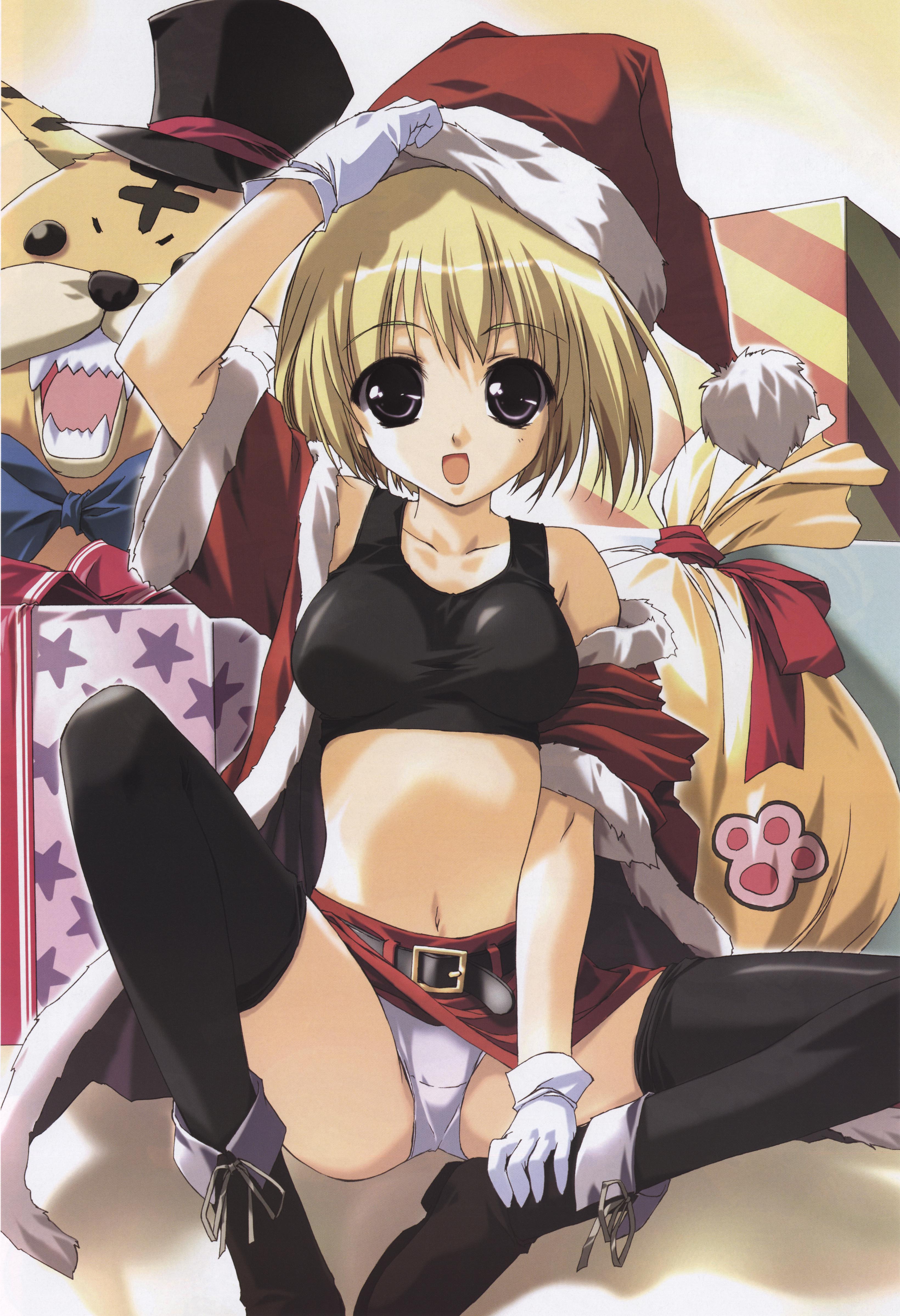 absurdres, highres, blonde hair, christmas, hat, panties, santa hat, thighhighs, underwear