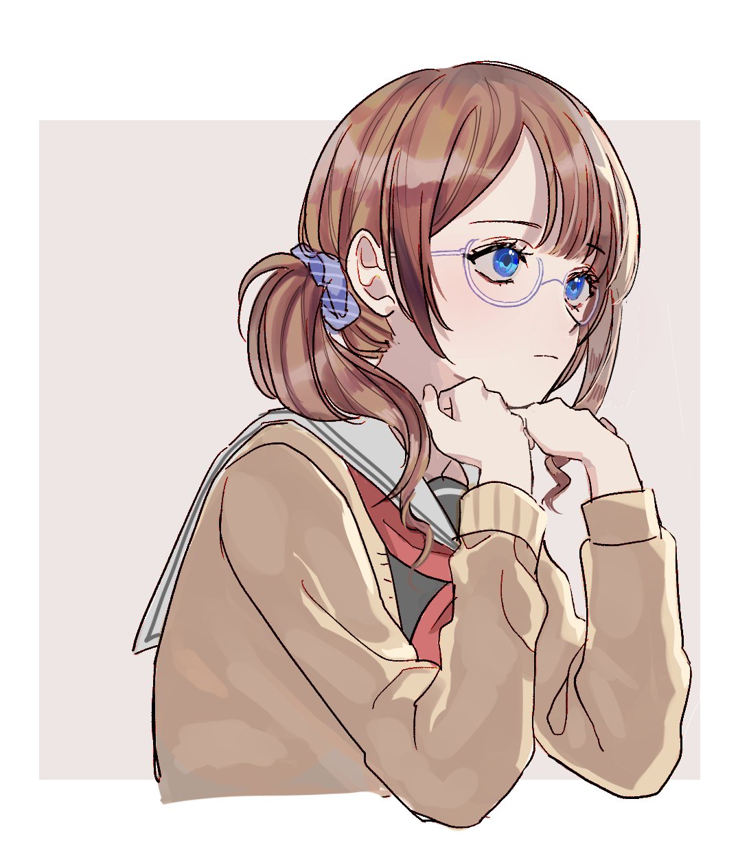 prmogumogu, mochizuki honami, project sekai, bad id, bad twitter id, highres, 1girl, bespectacled, blue eyes, border, brown cardigan, brown hair, cardigan, closed mouth, glasses, hair ornament, hair scrunchie, hands up, long sleeves, low side ponytail, miyamasuzaka girls' academy school uniform, neckerchief, outside border, red neckerchief, sailor collar, school uniform, scrunchie, solo, white border