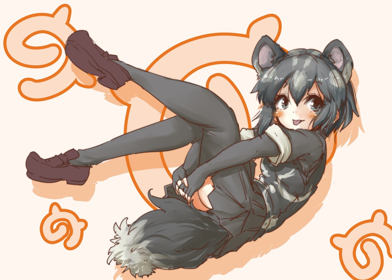 tikano, spotted skunk (kemono friends), kemono friends, commentary request, 1girl, animal ears, ass, black eyes, black gloves, black hair, black shirt, black skirt, black thighhighs, black vest, blush, brown shoes, closed mouth, drop shadow, elbow gloves, extra ears, fingerless gloves, from side, full body, gloves, hair between eyes, japari symbol, legs up, looking at viewer, looking to the side, lying, multicolored hair, on back, shirt, shoes, short hair, short sleeves, simple background, skirt, skunk ears, skunk girl, skunk tail, solo, tail, thighhighs, tongue, tongue out, two-tone hair, vest, white hair
