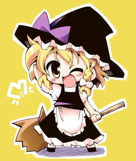 herada mitsuru, kirisame marisa, touhou, 1girl, ;d, apron, blonde hair, blush, broom, chibi, female focus, full body, hat, holding, looking at viewer, one eye closed, open mouth, puffy short sleeves, puffy sleeves, short sleeves, simple background, smile, solo, tareme, waist apron, witch, witch hat, yellow background, yellow eyes