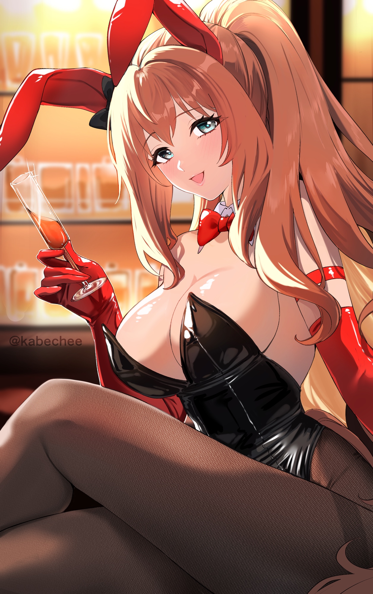chikabe, maruzensky (umamusume), umamusume, highres, animal ears, black leotard, bow, bowtie, breasts, cup, ear bow, fishnet pantyhose, fishnets, gloves, hair between eyes, holding, holding cup, horse girl, horse tail, large breasts, latex, latex gloves, leotard, looking at viewer, pantyhose, playboy bunny, ponytail, rabbit ears, red bow, red bowtie, red gloves, strapless, strapless leotard, tail