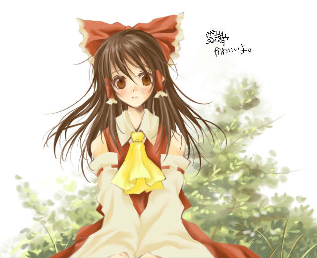 honokan, hakurei reimu, touhou, translated, 1girl, ascot, bare shoulders, blush, bow, brown eyes, brown hair, bush, detached sleeves, female focus, hair bow, large bow, long hair, sitting, solo, staring