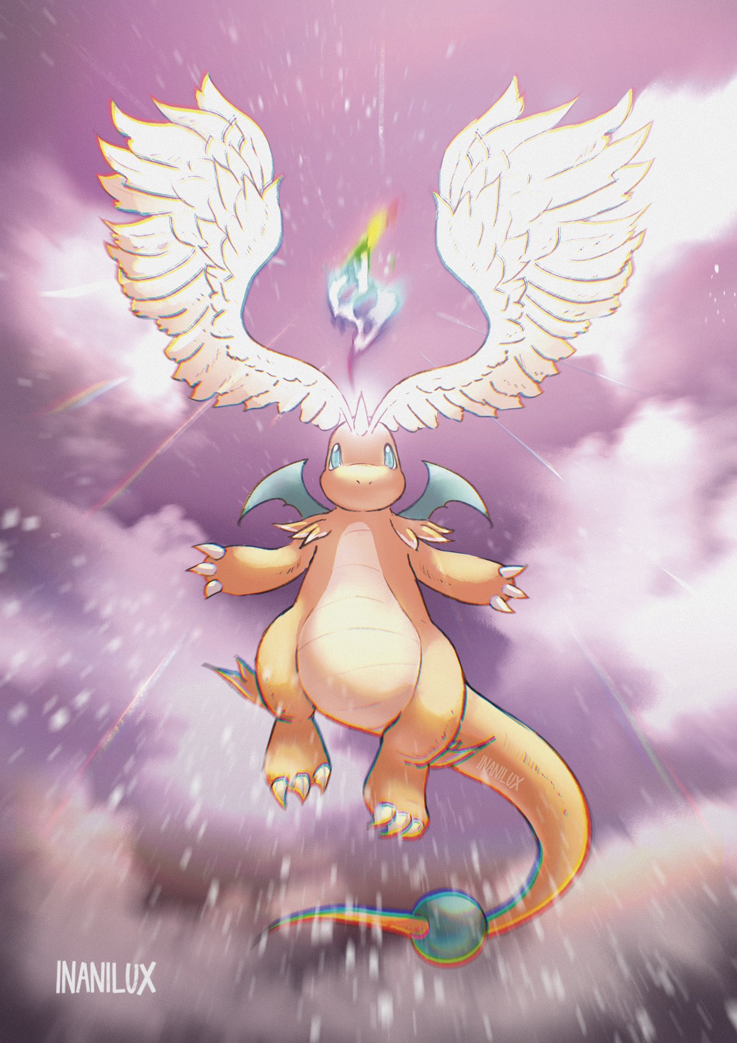 dragonite, mega dragonite, nintendo, pokemon, highres, blue eyes, claws, closed mouth, cloud, colored skin, dragon, feathered wings, flying, full body, gen 1 pokemon, head wings, horns, inanilux, looking at viewer, mega evolution symbol, mega pokemon, no humans, pokemon (creature), pokemon focus, single horn, sky, solo, tail, wings