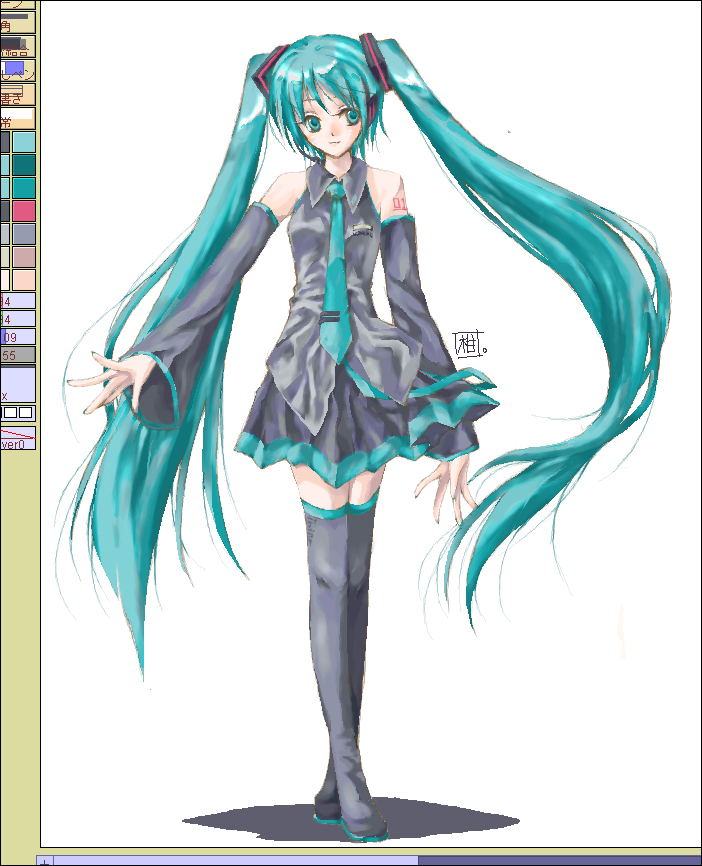 honokan, hatsune miku, vocaloid, 1girl, aqua hair, female focus, long hair, oekaki, solo, thighhighs, twintails, very long hair