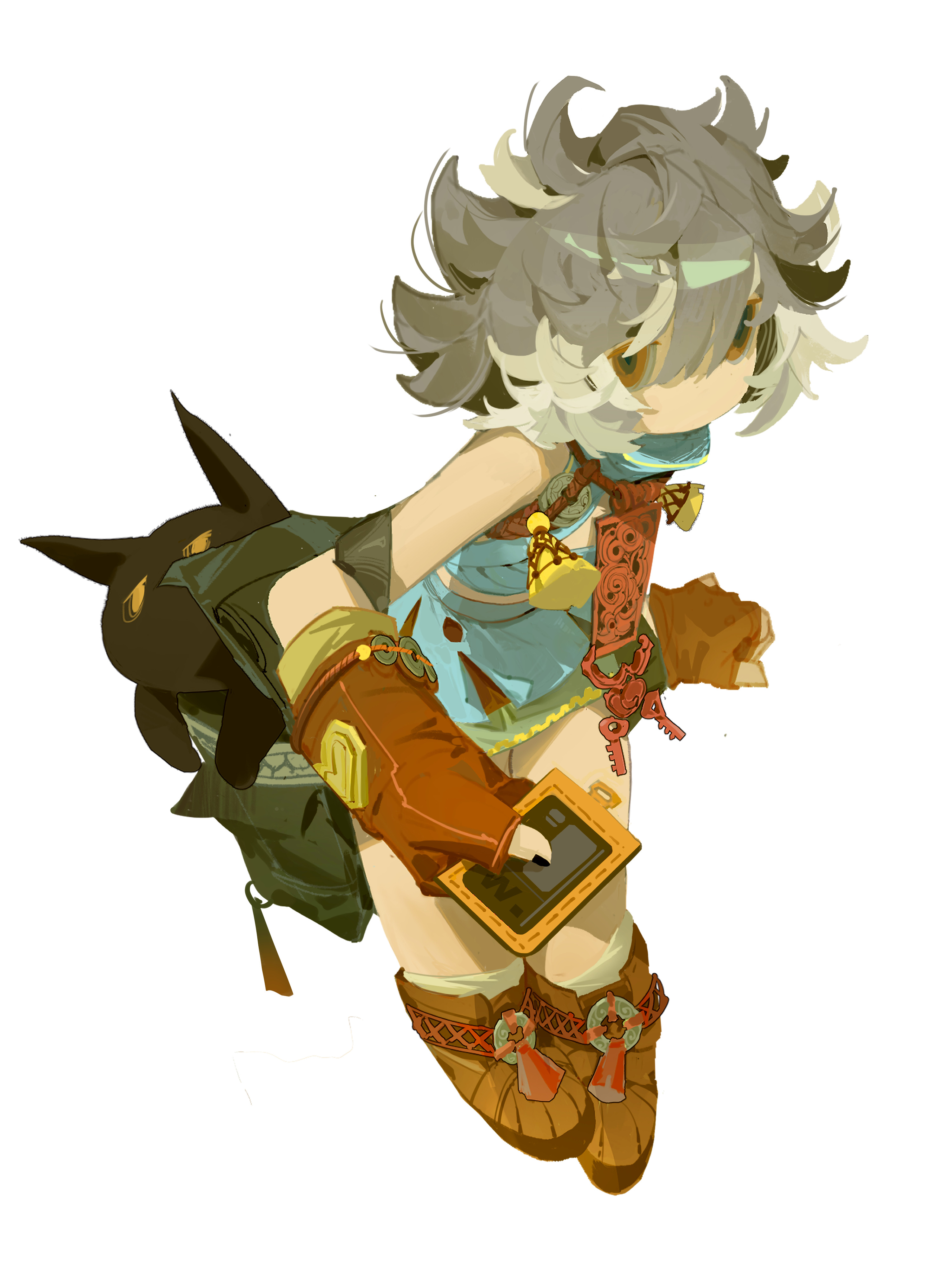 original, absurdres, highres, 1girl, arm at side, backpack, bag, blue dress, boots, brown boots, brown eyes, clenched hand, creature, dress, expressionless, fingerless gloves, flat chest, flipped hair, full body, gloves, grey hair, hair between eyes, halterneck, holding, in bag, in container, legs together, no mouth, no nose, red gloves, short dress, short hair, simple background, sleeveless, sleeveless dress, tachi-e, turtleneck, turtleneck dress, wangsishui, white background, white hair