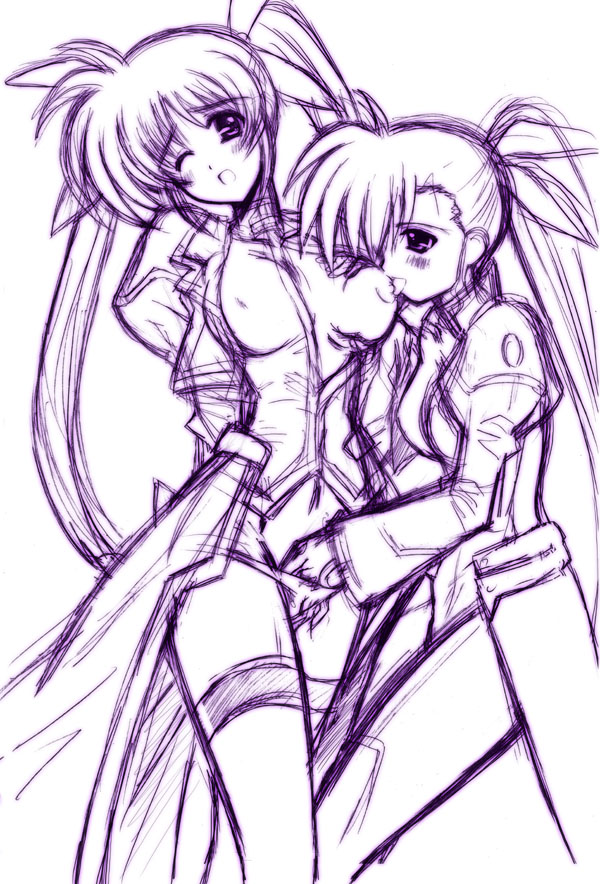 kamogawa tanuki, takamachi nanoha, vivio, lyrical nanoha, mahou shoujo lyrical nanoha, mahou shoujo lyrical nanoha strikers, 00s, 2girls, breasts, fingering, inseki, medium breasts, monochrome, mother and daughter, multiple girls, nipples, panties, sketch, thighhighs, underwear, yuri