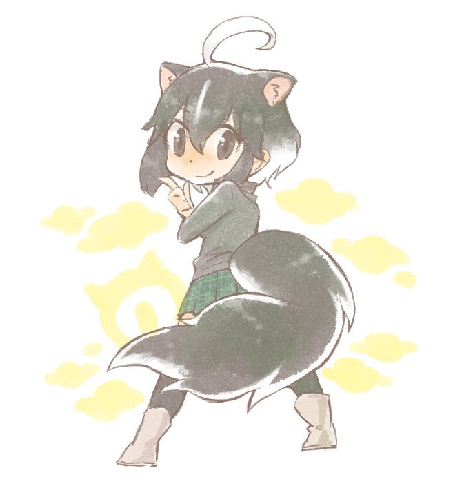 shuushuusha, striped skunk (kemono friends), kemono friends, commentary, symbol-only commentary, 1girl, ahoge, animal ears, black eyes, black hair, black sweater, black thighhighs, blush, boots, closed mouth, extra ears, fart, from behind, green skirt, hair between eyes, index finger raised, japari symbol, long sleeves, looking at viewer, looking back, multicolored hair, plaid clothes, plaid skirt, short hair, simple background, skirt, skunk ears, skunk girl, skunk tail, smile, solo, standing, sweater, tail, thighhighs, two-tone hair, white background, white boots, white hair