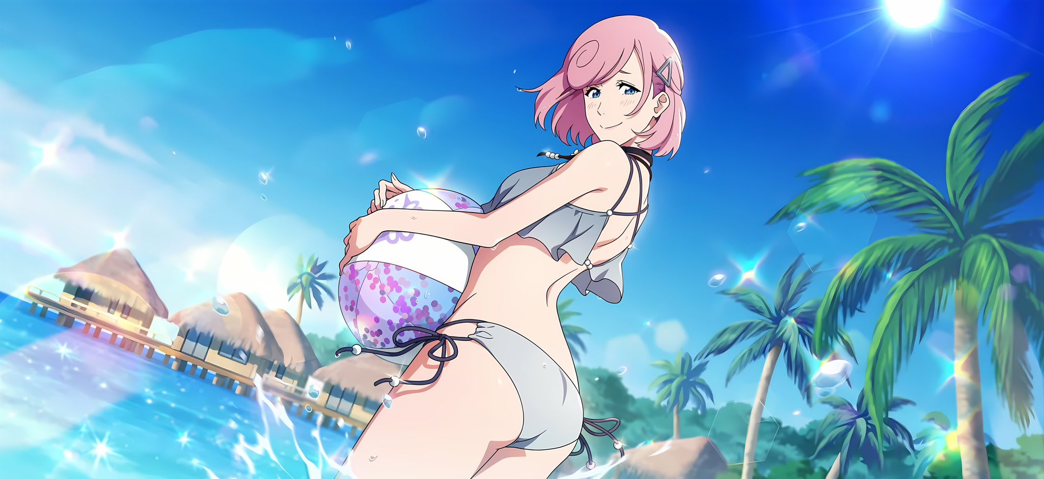 macy baljure, bleach, bleach: brave souls, burn the witch, official art, second-party source, 1girl, ass, ball, bare shoulders, beach, beachball, bikini, blue eyes, breasts, female focus, hair ornament, hairclip, holding ball, holding beachball, medium hair, ocean, official alternate costume, palm leaf, palm tree, pink hair, sky, smile, solo, splashing, standing, string bikini, sunlight, swimsuit, thighs, tree, water